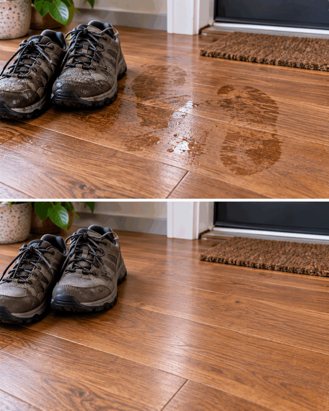 ¿Tus zapatos mojados han dejado marcas sobre un suelo de madera? No intentes secarlas aplicando calor directo
