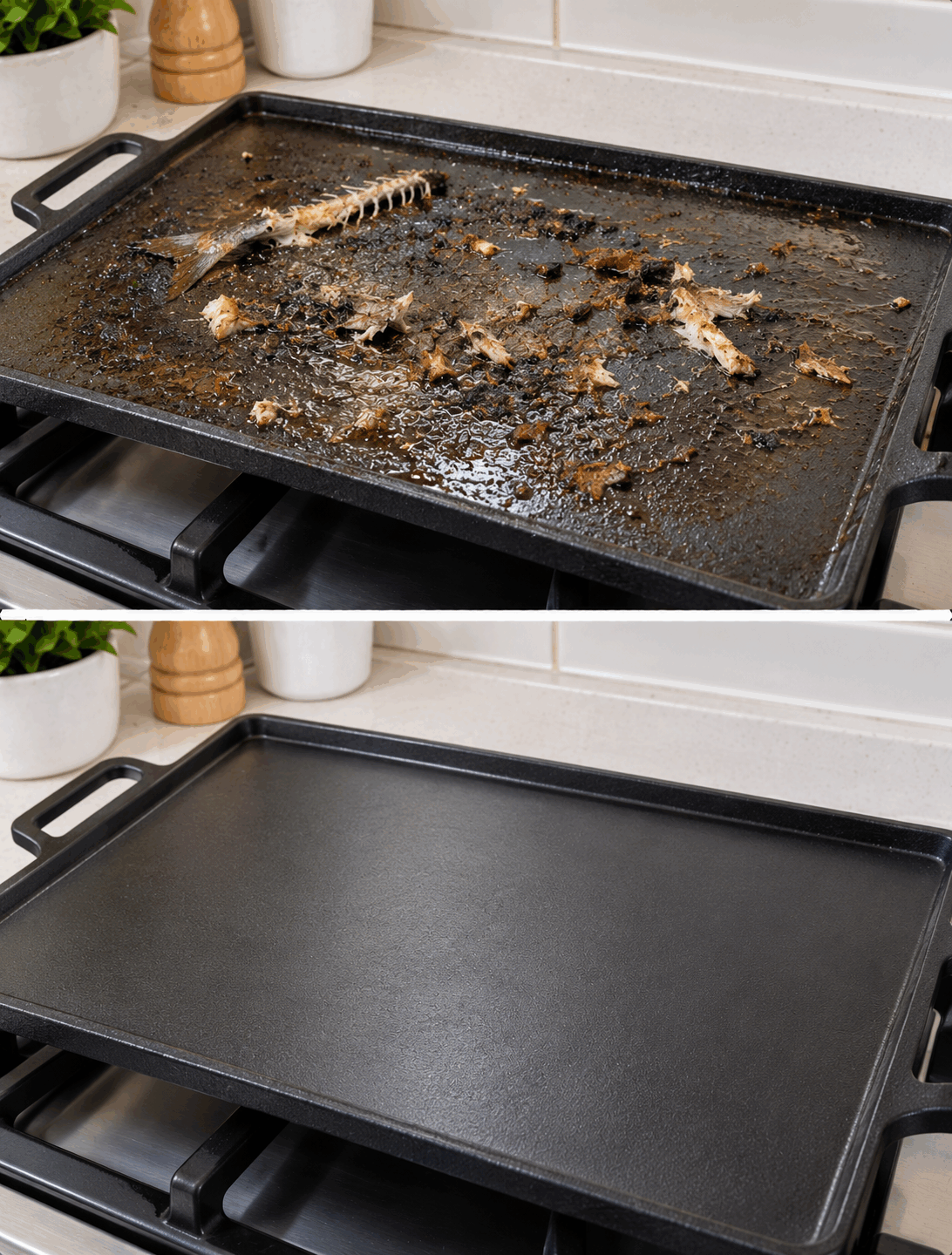El método para limpiar una plancha de cocina después de preparar pescado sin dejar olor