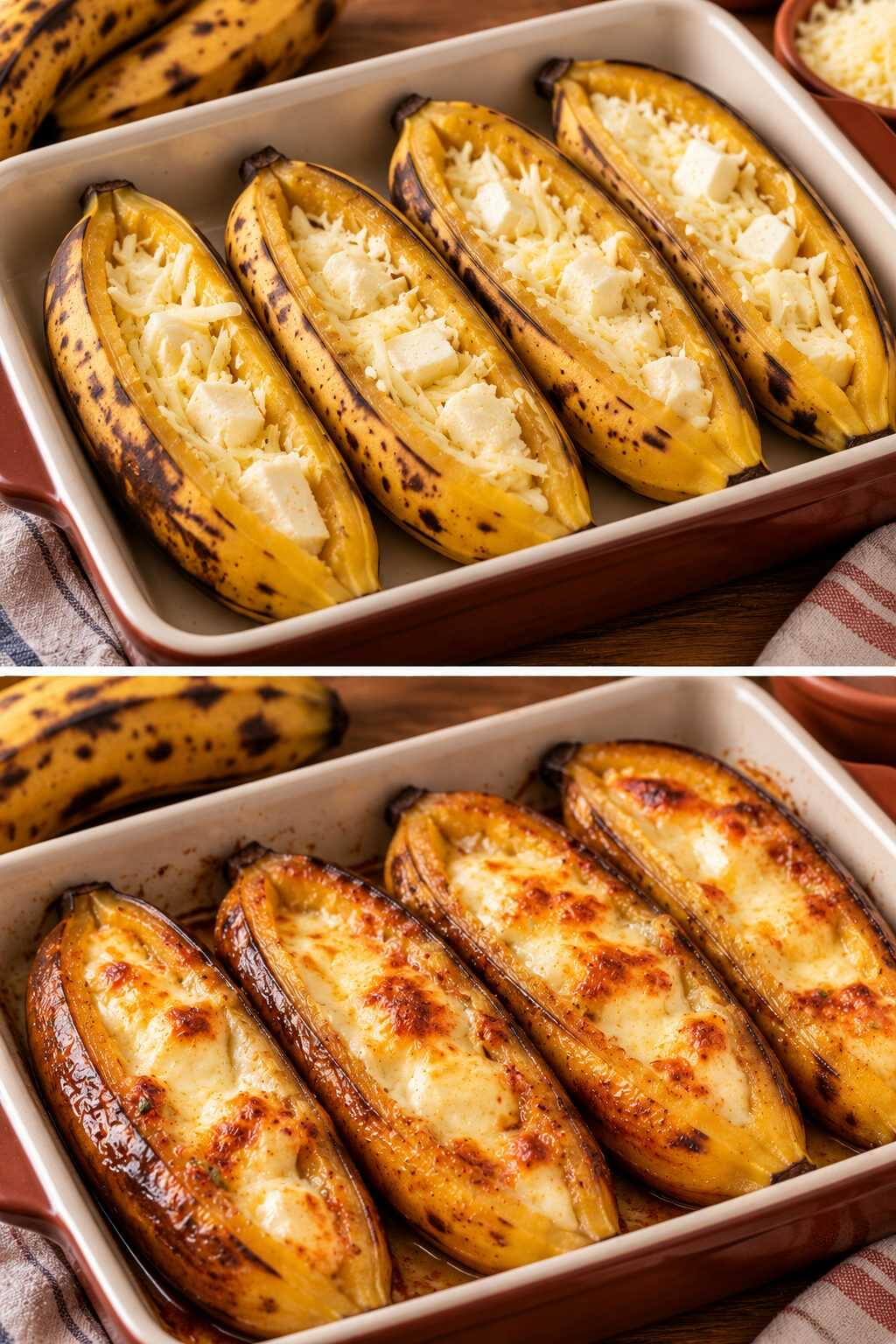 🍌 Plátanos maduros rellenos de queso y horneados: una receta dulce y salada con muy pocos ingredientes