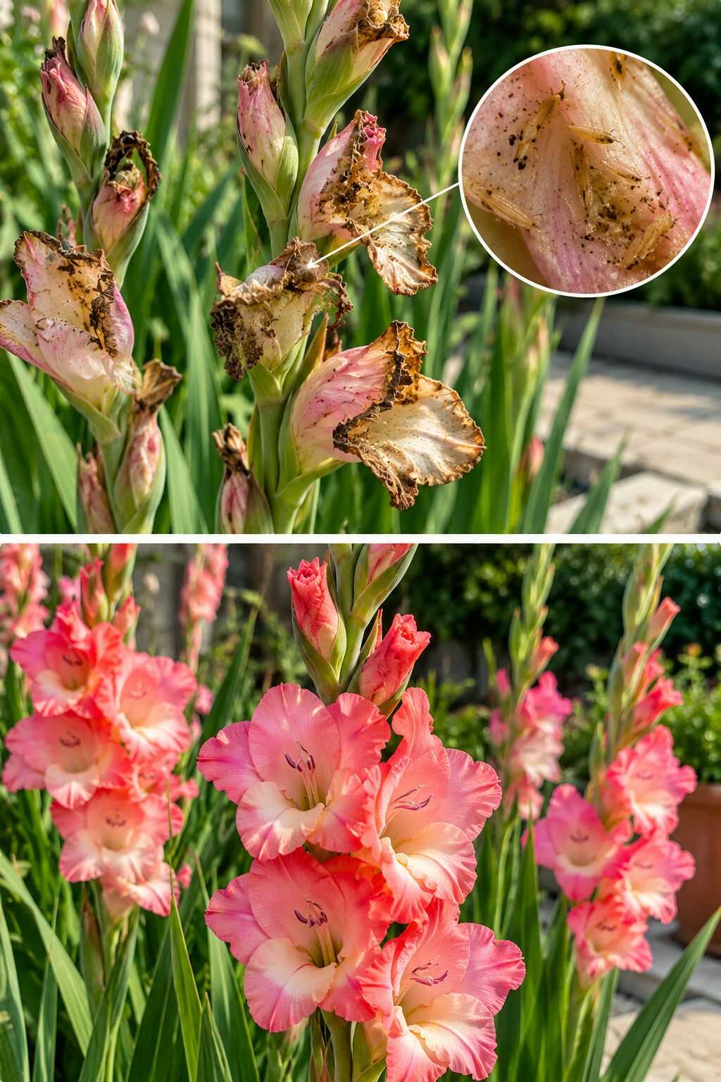 🐛 ¿Tus gladiolos tienen flores con bordes marrones que nunca llegan a abrir bien? Los trips pueden estar escondidos dentro de las espigas
