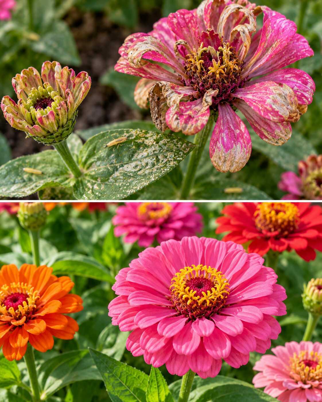 🐛 ¿Tus flores de zinnia aparecen deformadas o con manchas plateadas? Los trips pueden estar dañándolas antes de que terminen de abrir