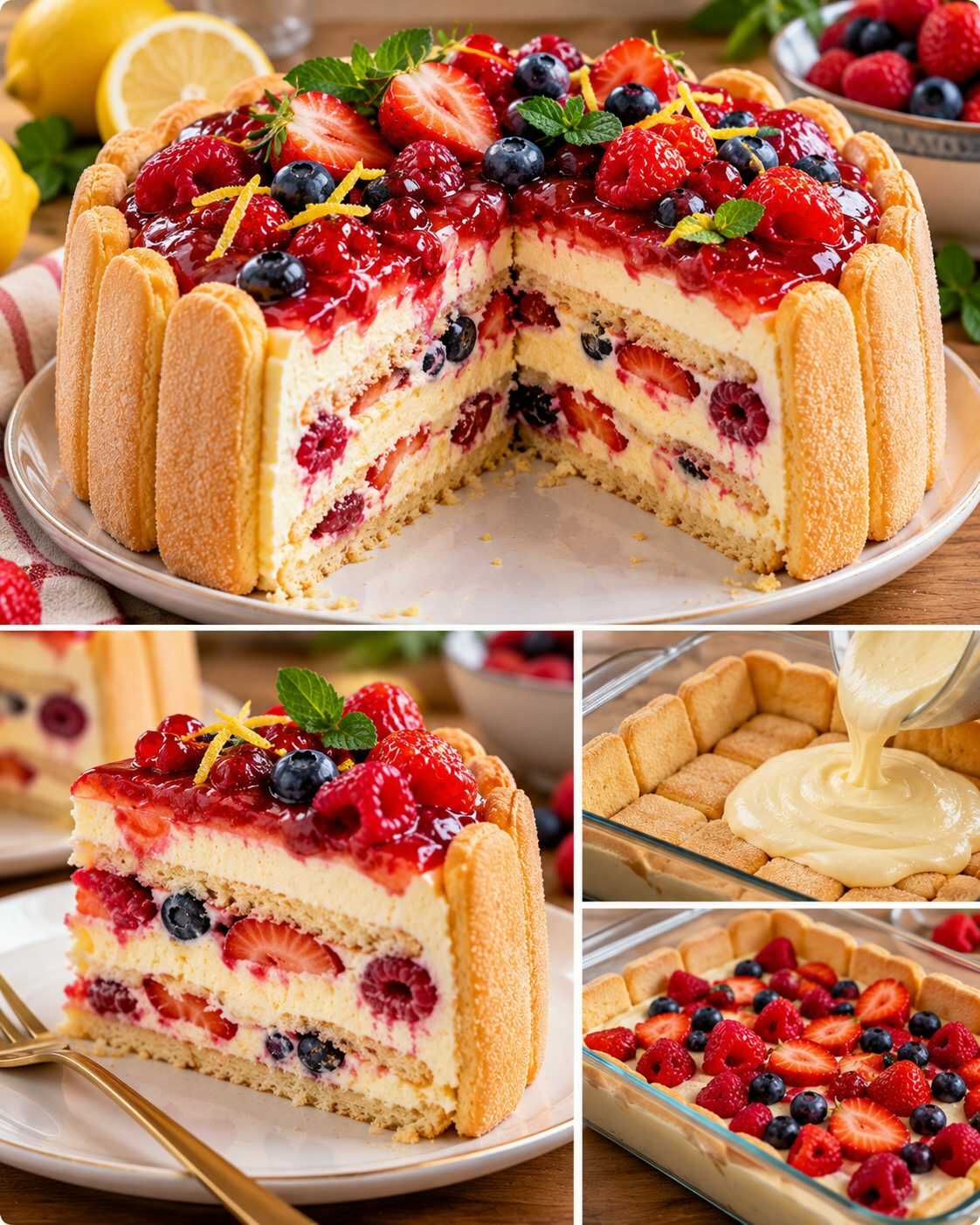 Carlota de limón con frutos rojos: un postre frío de capas cremosas y galletas, con un contraste fresco y una presentación espectacular.