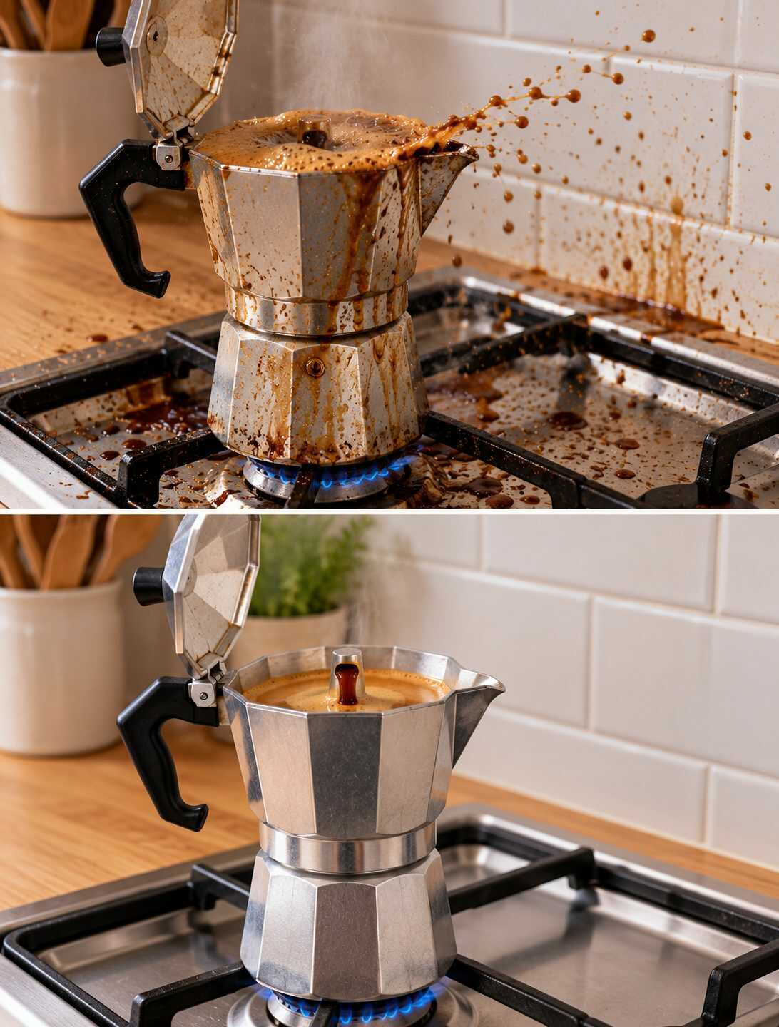 ¿Tu cafetera italiana empieza a expulsar café a golpes y salpica toda la cocina? Revisa el montaje y el nivel de agua antes de volver a utilizarla.