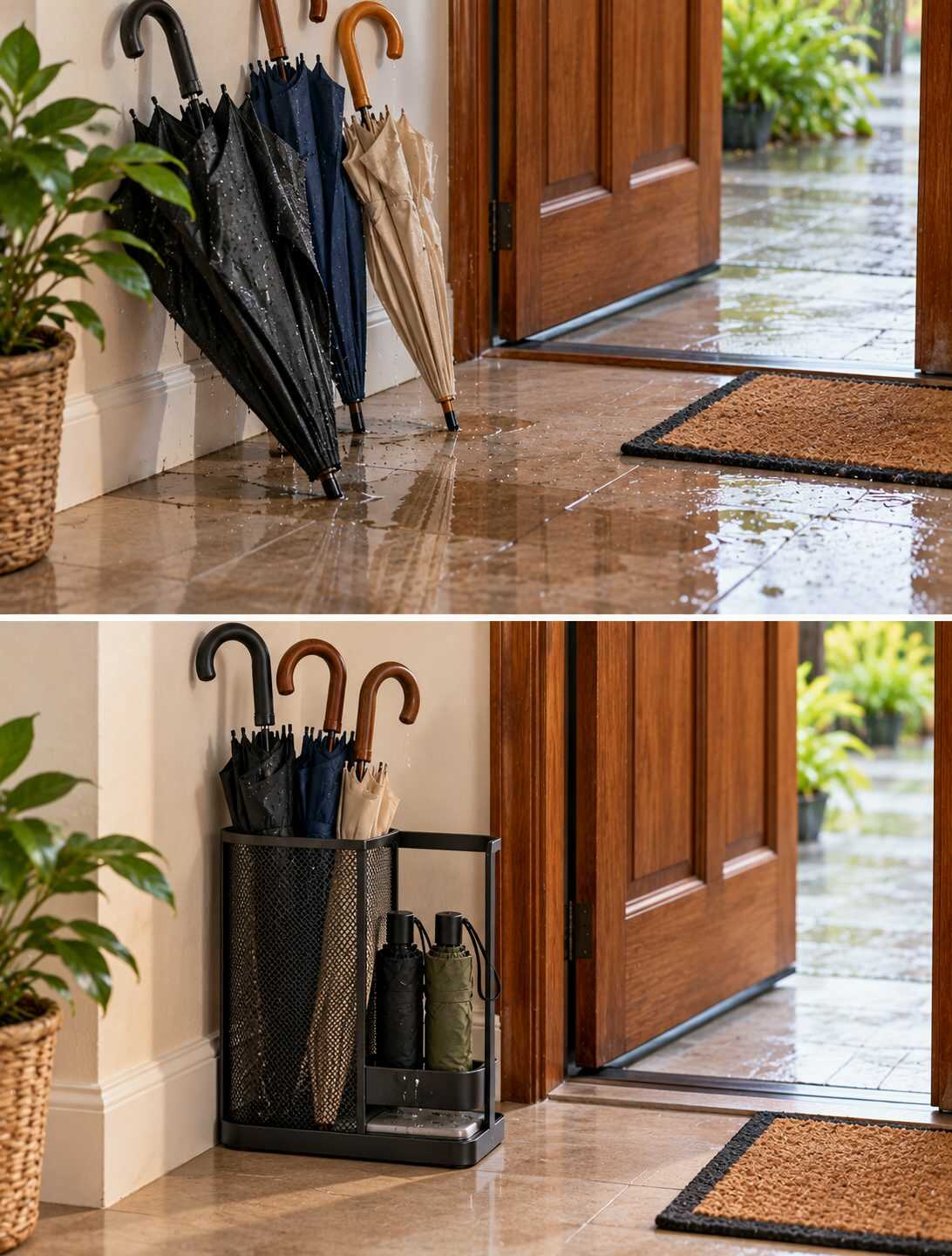 ¿Los paraguas mojados dejan charcos en la entrada de casa? Prepara un rincón práctico para los días de lluvia sin ocupar demasiado espacio.