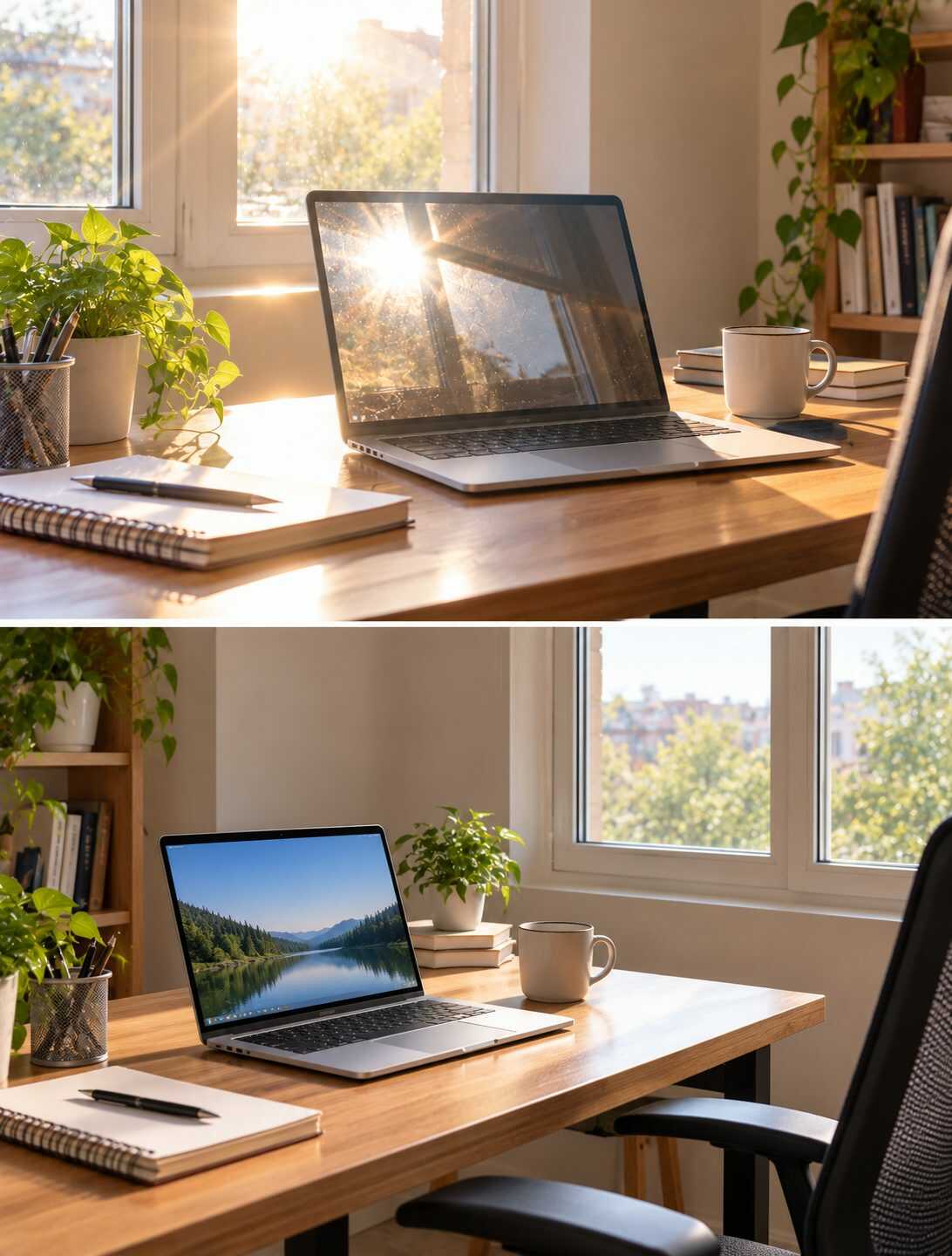 ¿Tu mesa de trabajo recibe demasiada luz y la pantalla se llena de reflejos? Girar el escritorio respecto a la ventana puede mejorar la comodidad.