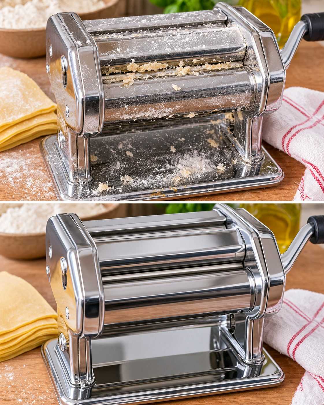 🍝 ¿La máquina de hacer pasta deja pequeños restos secos entre los rodillos? Usar agua puede ser precisamente lo que debes evitar