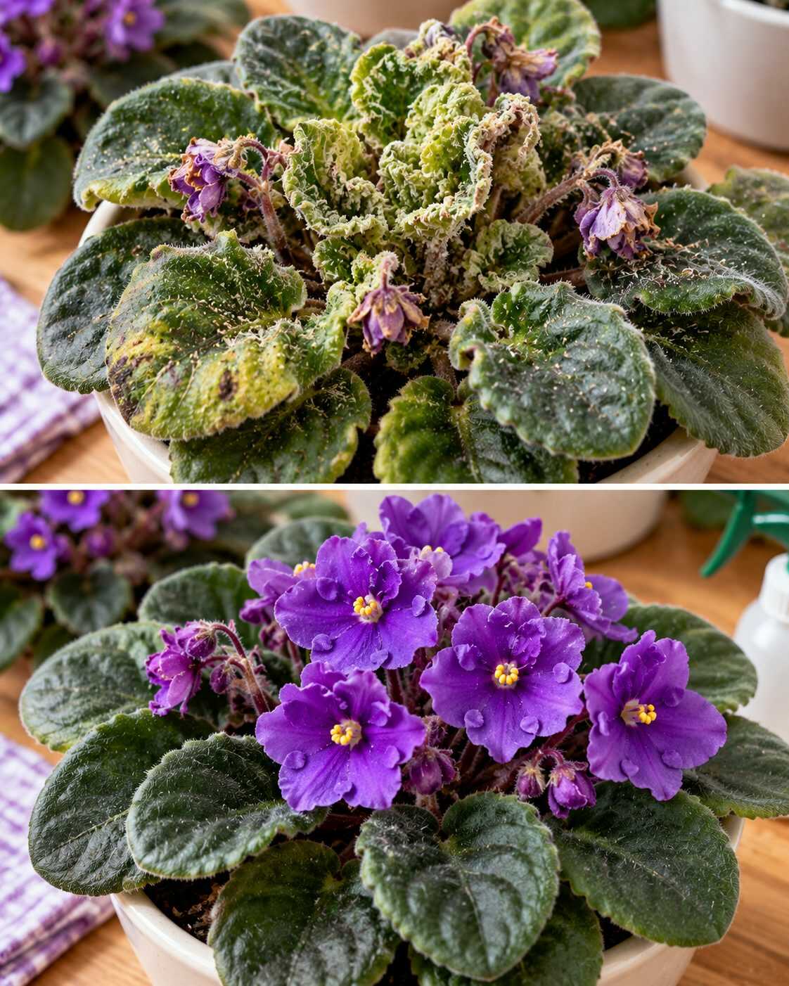 ¿Las hojas nuevas de tu violeta africana salen deformadas y las flores duran muy poco? Una plaga diminuta puede esconderse justo en el centro