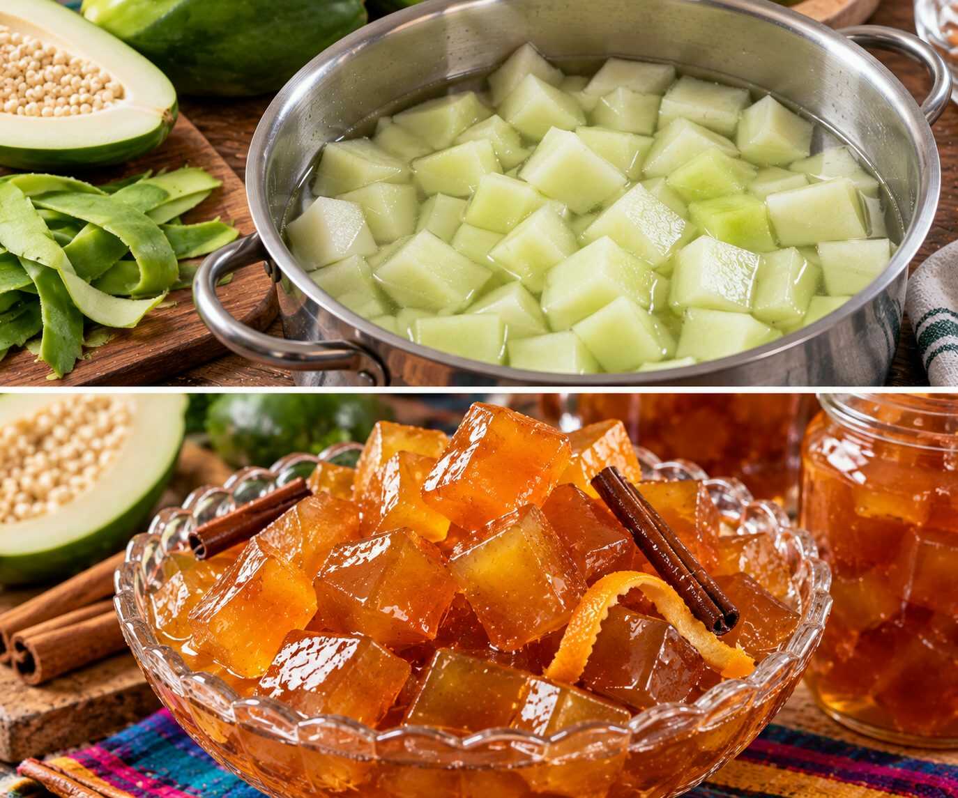 🍬 Dulce de papaya verde en almíbar: una receta tradicional latinoamericana con trozos brillantes y una textura sorprendente