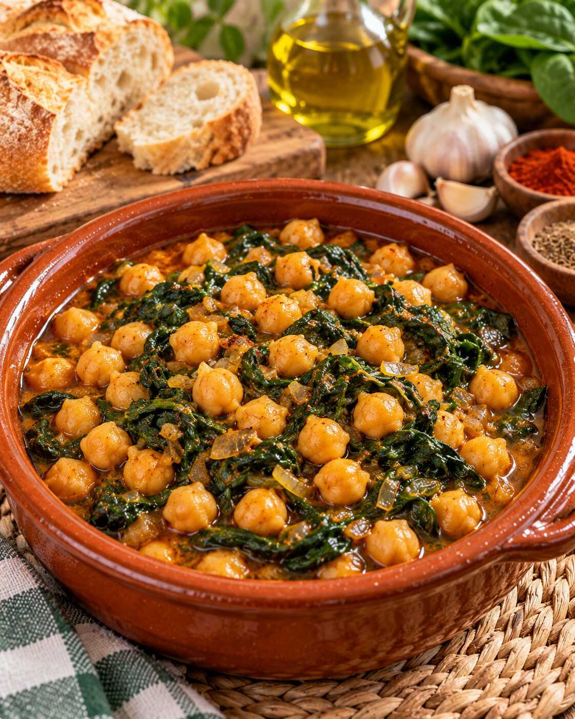 Garbanzos con espinacas al estilo sevillano: el plato tradicional con ajo, comino y pimentón que convierte ingredientes sencillos en un guiso lleno de sabor.