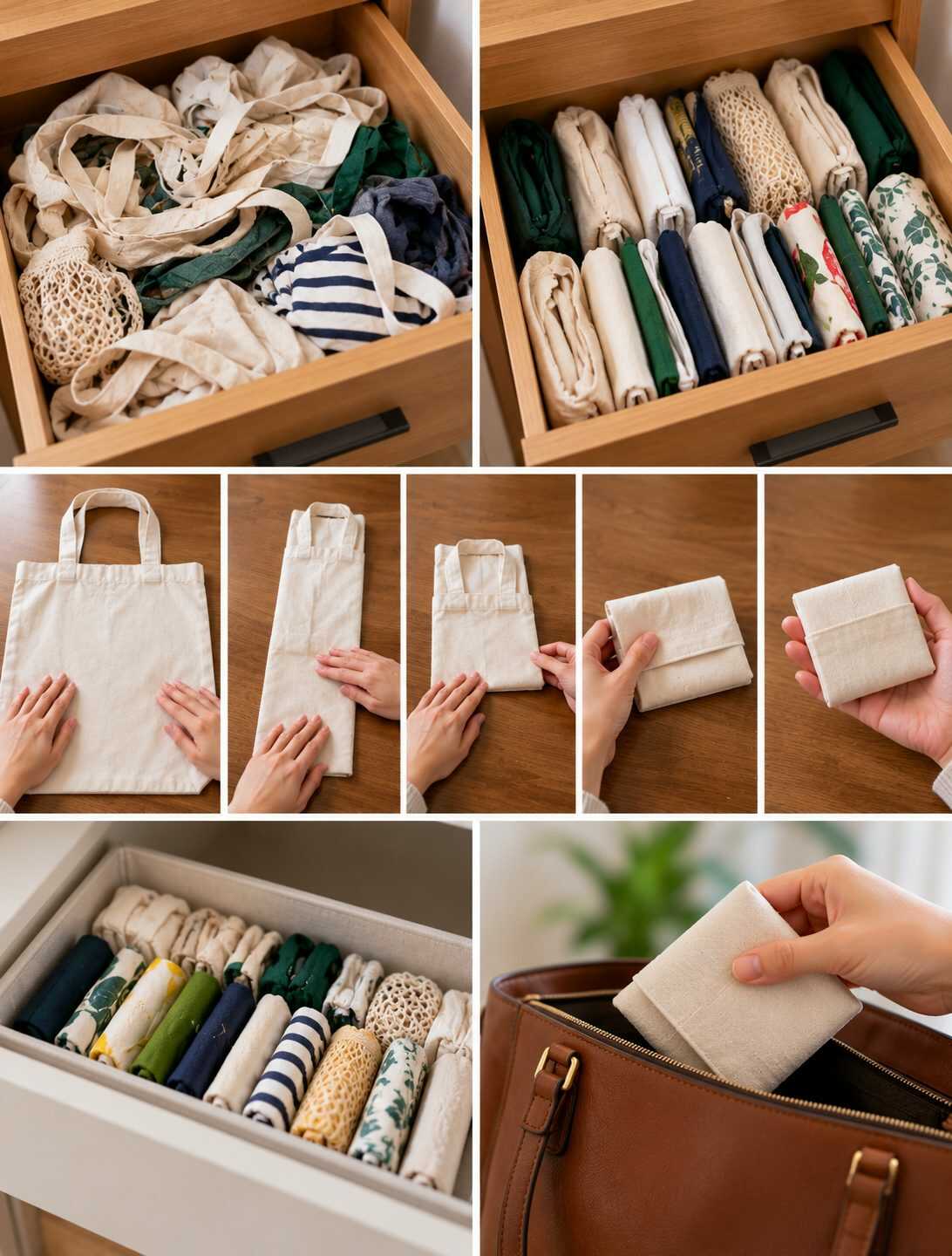 ¿Tus bolsas de tela se quedan hechas un montón dentro de un cajón y nunca encuentras una cuando sales? Aprende a plegarlas de forma compacta para llevar siempre una en el bolso.
