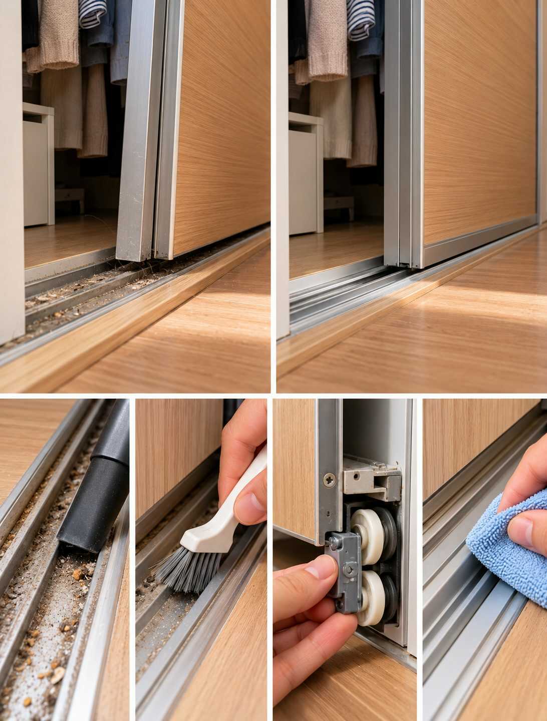 ¿Las puertas correderas de tu armario se atascan o se salen ligeramente del carril? Aprende a limpiar las guías y comprobar las ruedas antes de forzar el mecanismo.