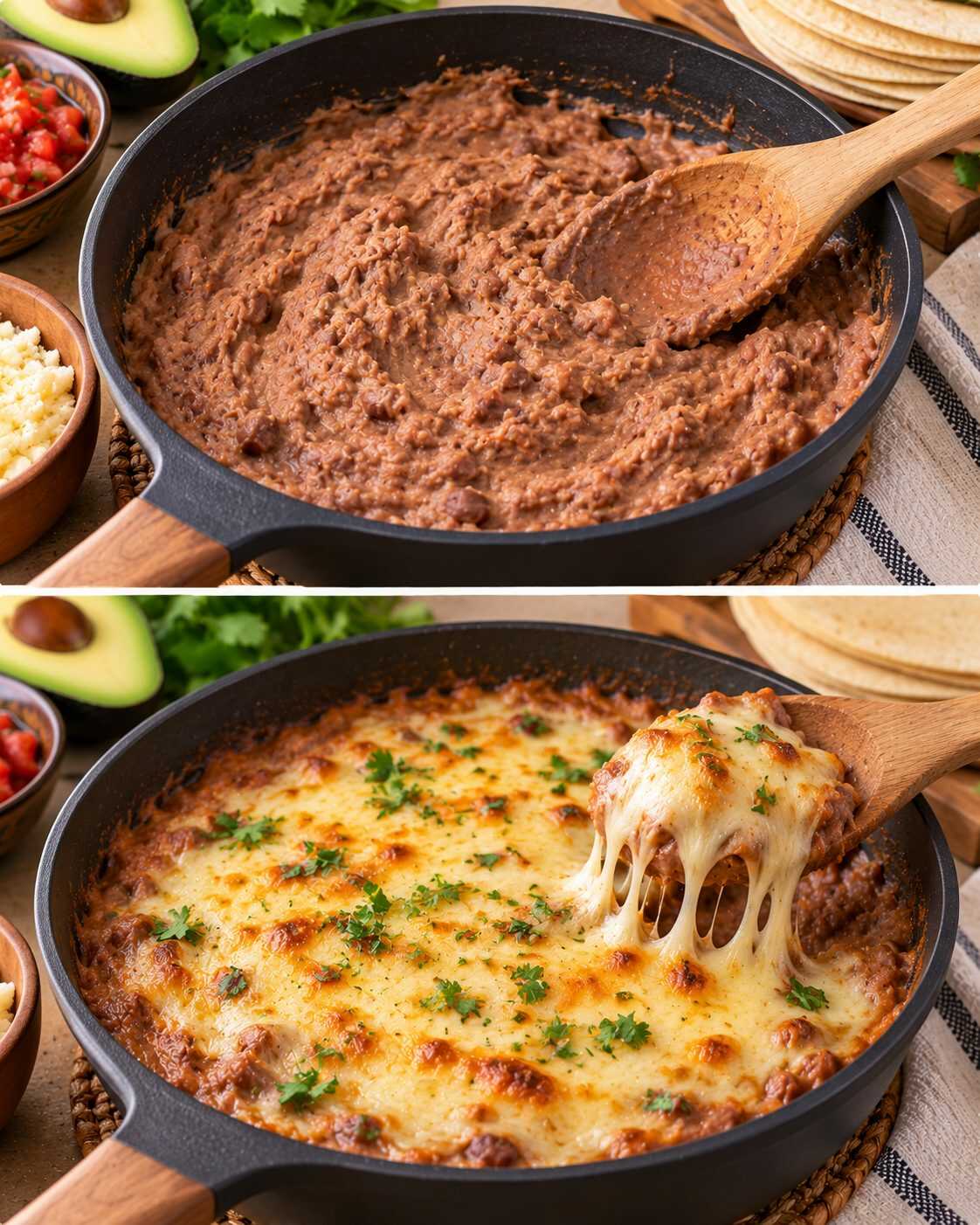 Frijoles refritos con queso gratinado: una cena económica para servir con tortillas, aguacate y tu salsa favorita