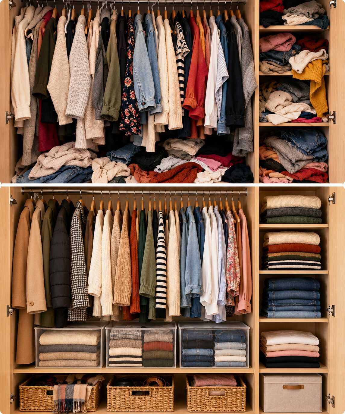 ¿Tu armario está lleno y no sabes dónde poner la ropa de entretiempo? Organízala por capas para encontrar lo que necesitas cuando cambia la temperatura.