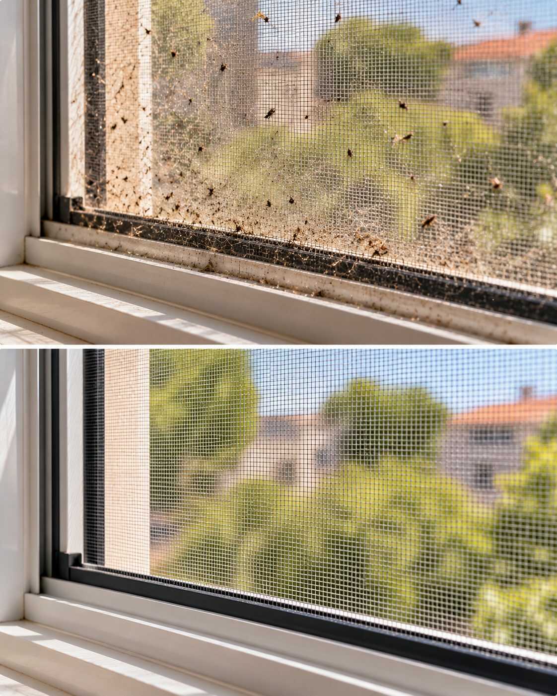 ¿Las mosquiteras están llenas de polvo y pequeños insectos? Puedes limpiarlas sin desmontarlas completamente de la ventana