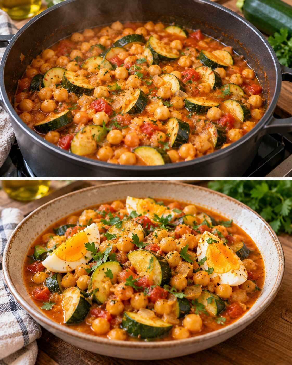 🍲 Garbanzos guisados con calabacín y huevo: una cazuela económica y reconfortante para las noches de octubre