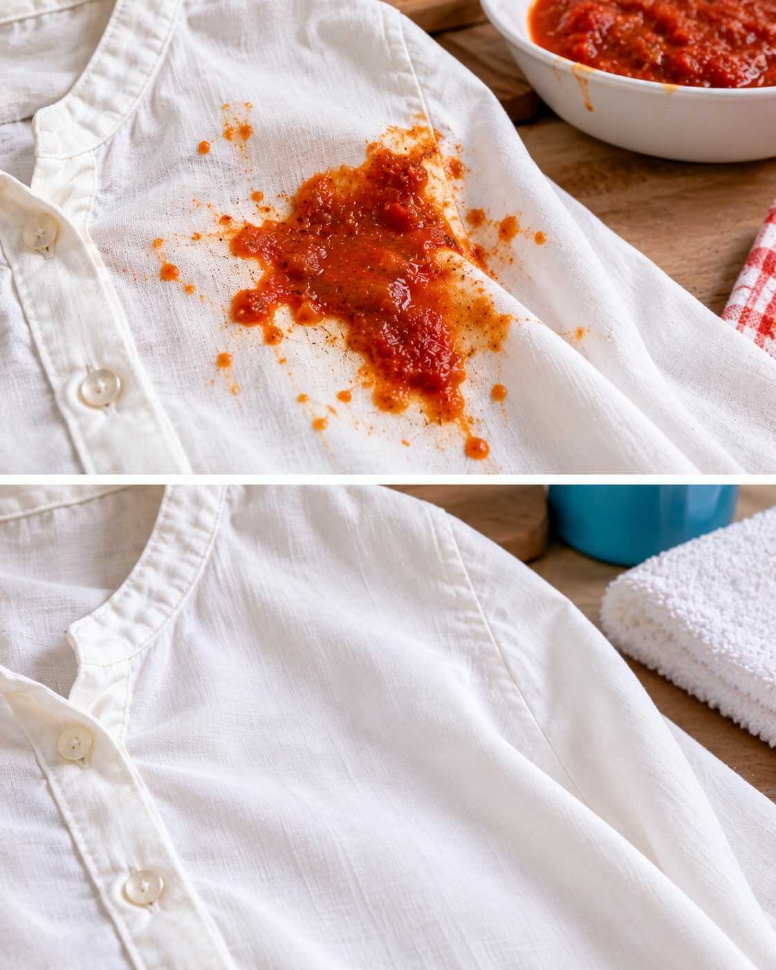 ¿Una mancha de salsa cayó sobre una prenda clara? Lo primero que hagas puede decidir si sale o queda marcada