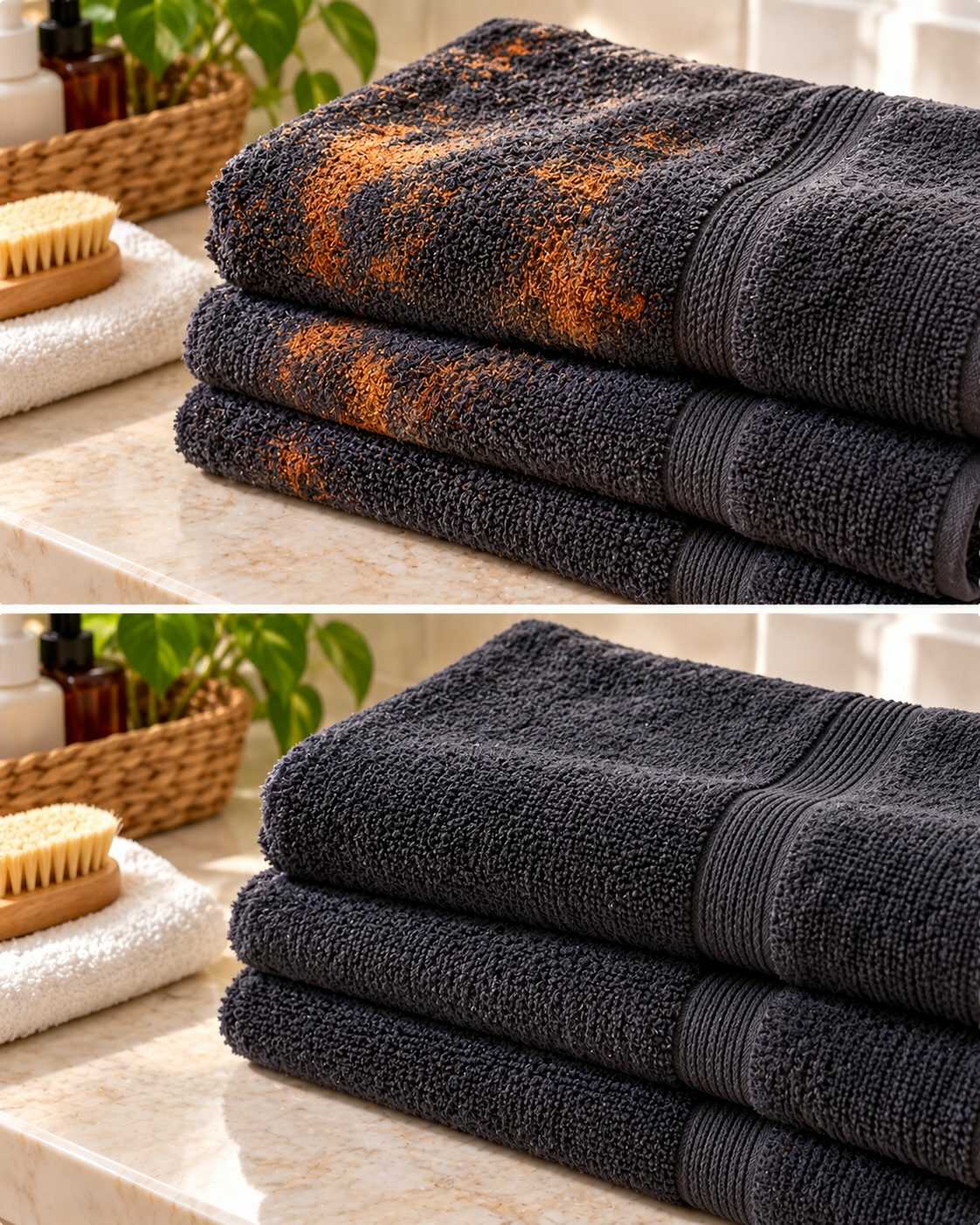 ¿Las toallas de color oscuro empiezan a mostrar manchas anaranjadas que no desaparecen al lavarlas? Aprende a identificar los productos que pueden estar decolorando las fibras.