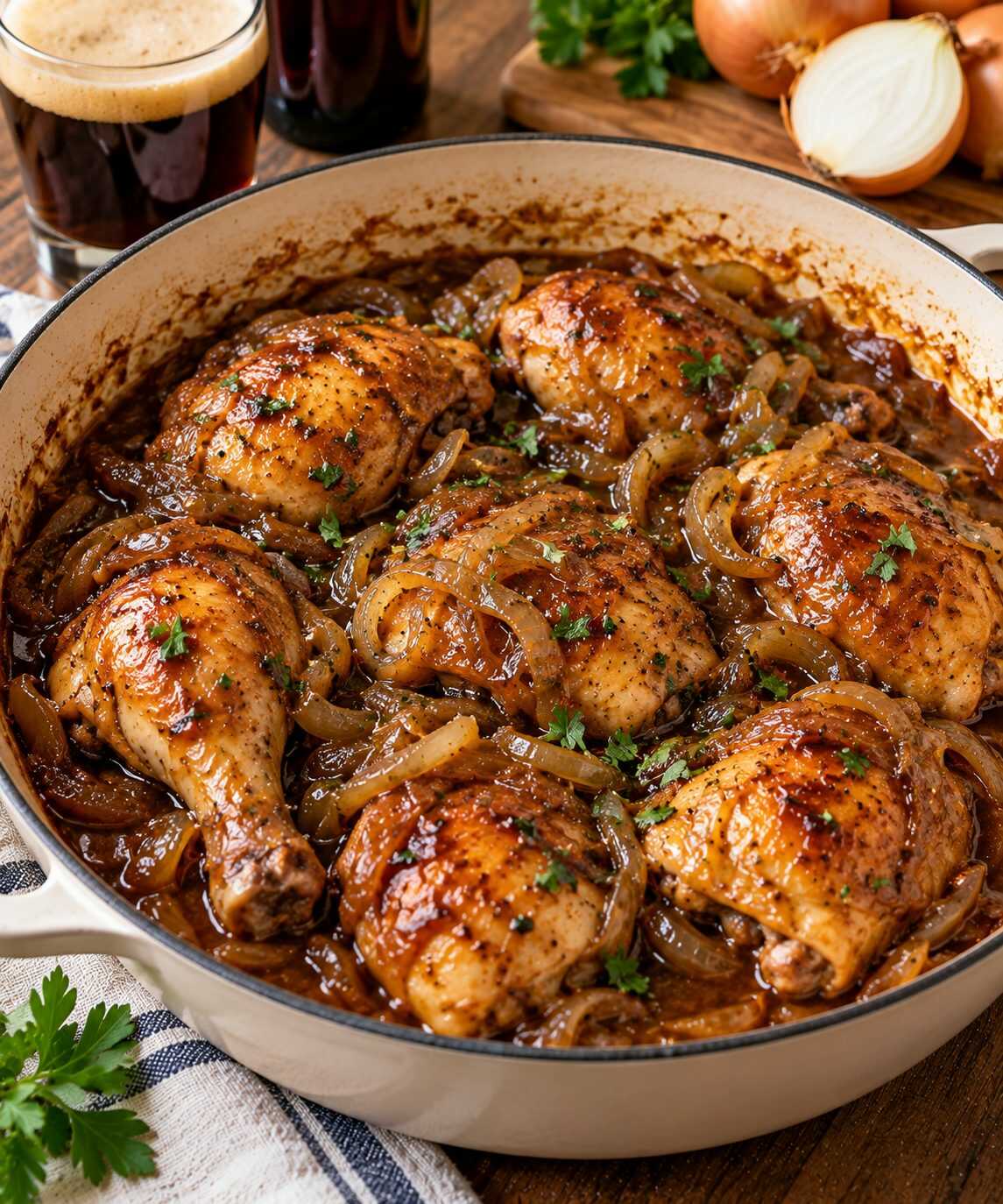 🍗 Pollo guisado con cerveza negra y cebolla: una receta jugosa con una salsa espesa y llena de sabor