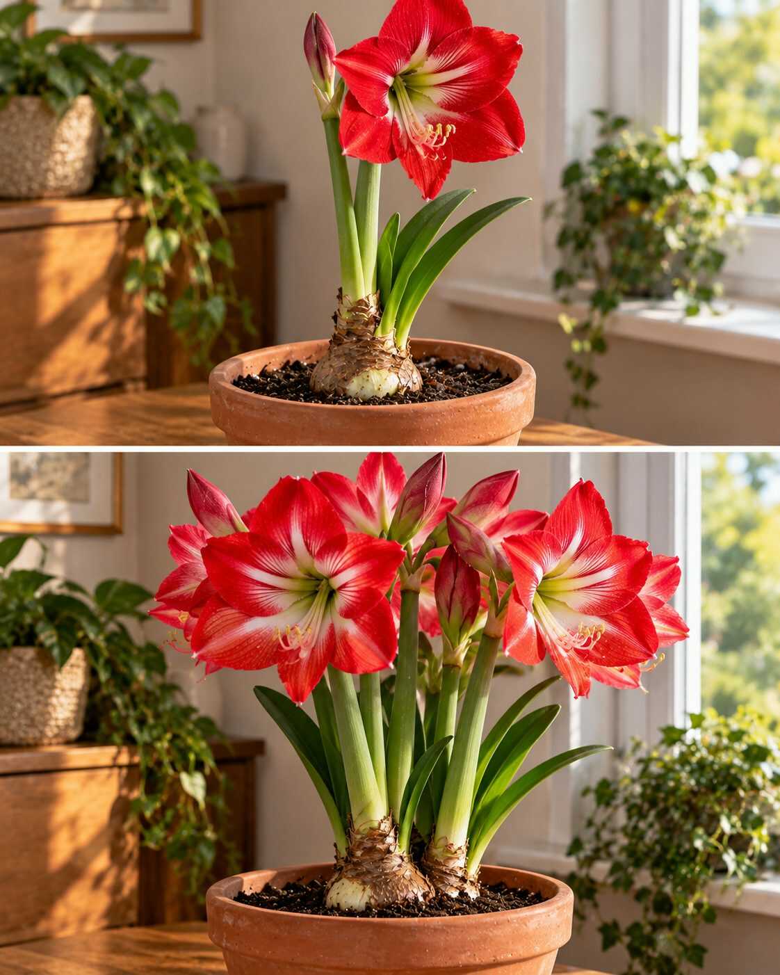 🌺 ¿Quieres una amarilis con varios tallos florales en lugar de uno solo? El tamaño y las reservas del bulbo pueden marcar toda la diferencia