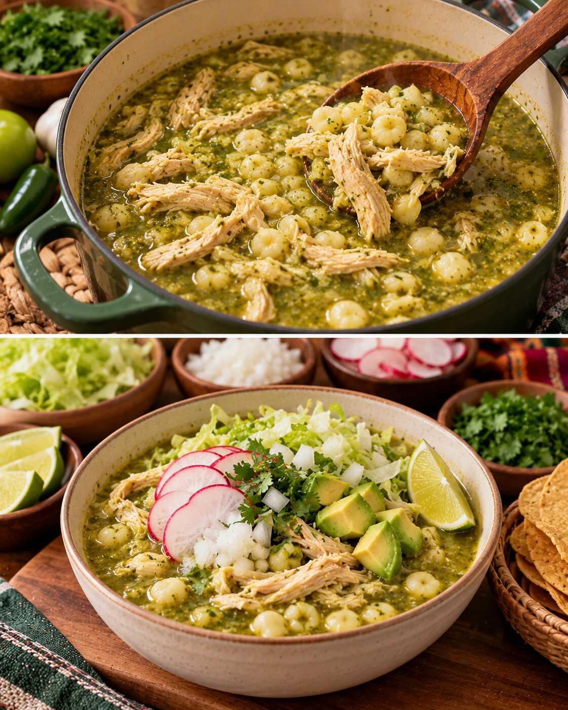 🥣 Pozole verde de pollo: un plato abundante y reconfortante para reunir a toda la familia alrededor de la mesa