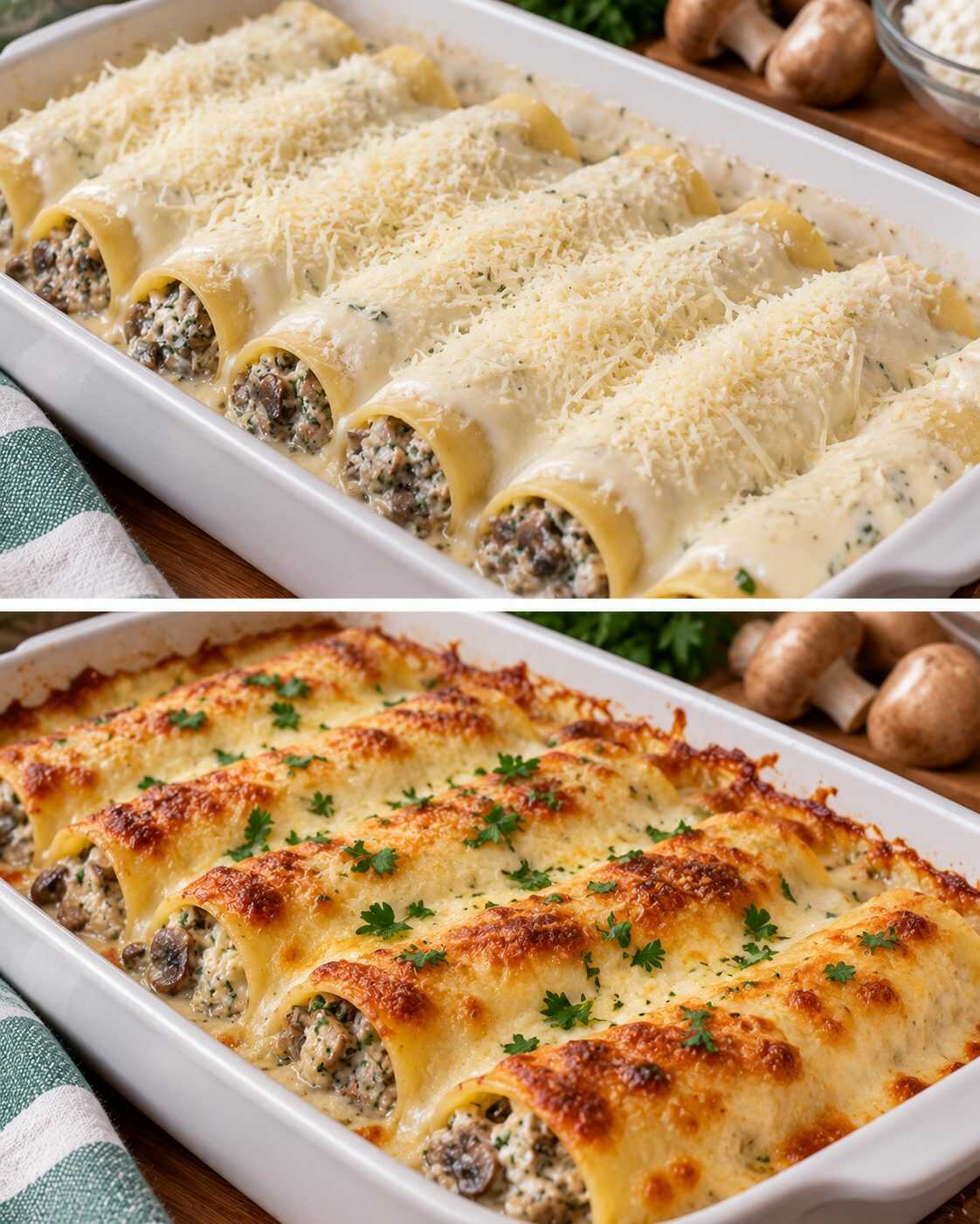 🍄 Canelones de setas y ricotta: una cena cremosa de otoño para llevar a la mesa recién gratinada