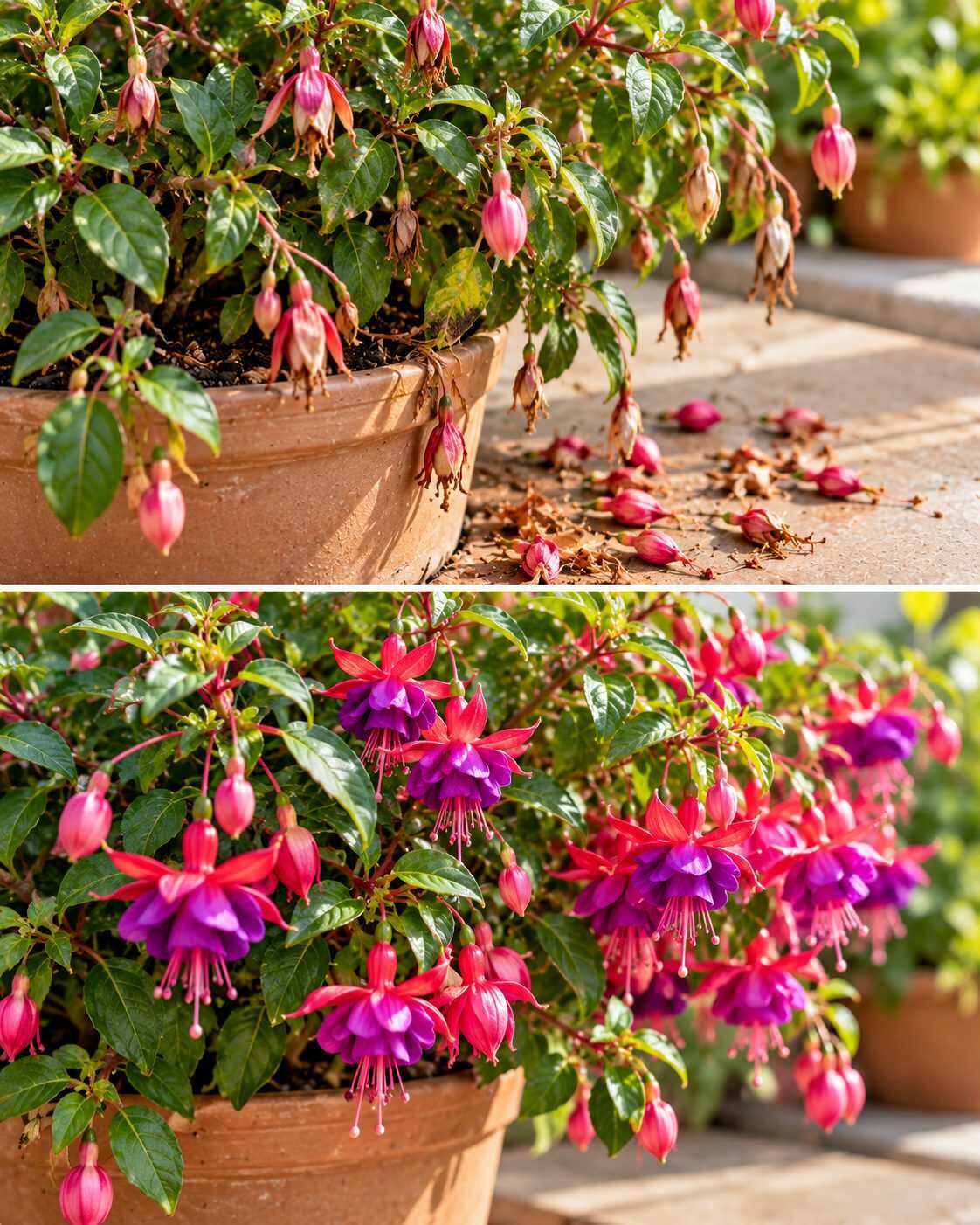 🌺 ¿Tu fucsia tiene capullos que caen justo antes de abrir? Calor, agua y ubicación pueden estar enviándote tres pistas diferentes