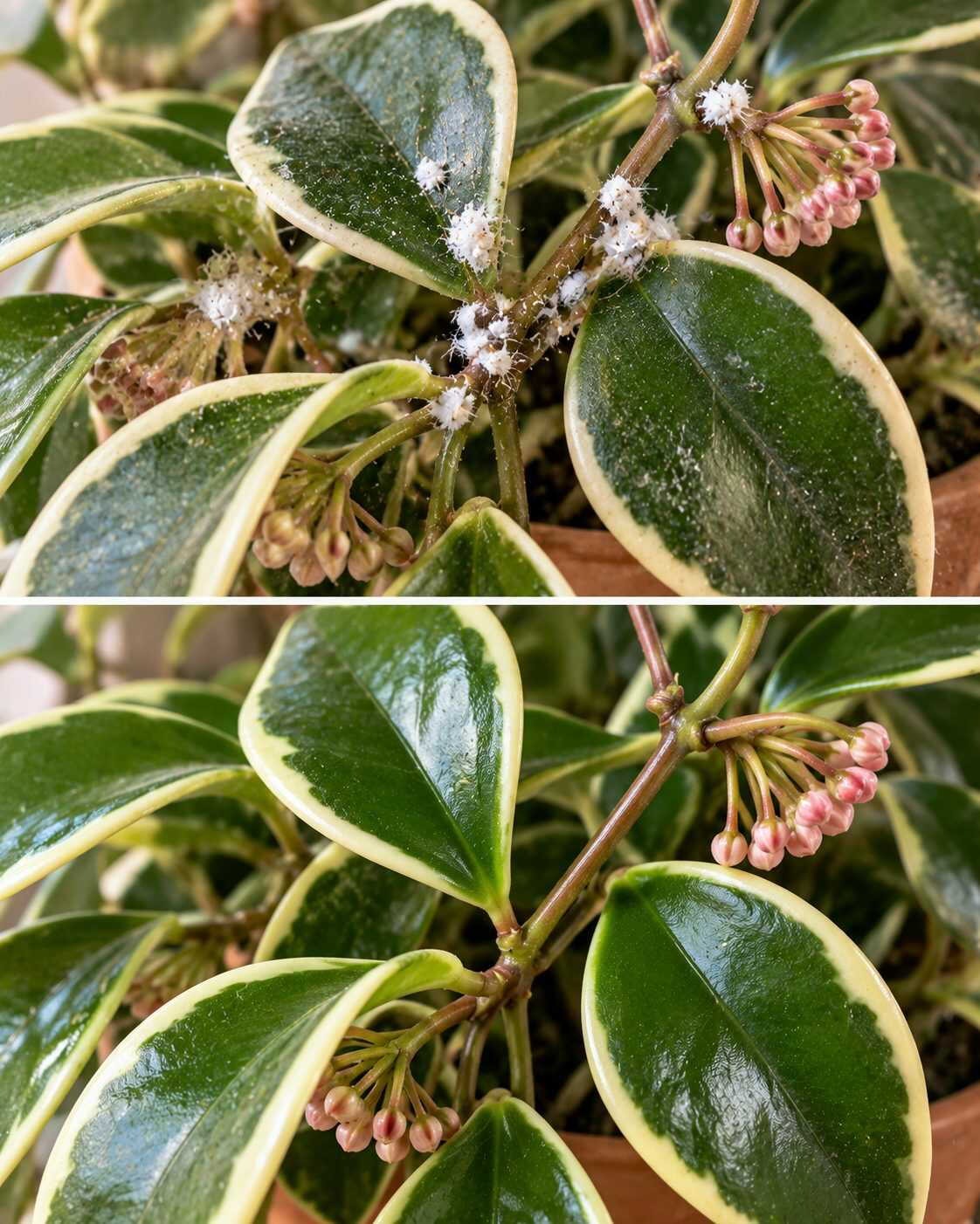 🐜 ¿Tu planta de hoya tiene pequeños algodones blancos entre las hojas? La cochinilla puede esconderse justo donde nacen los futuros racimos de flores