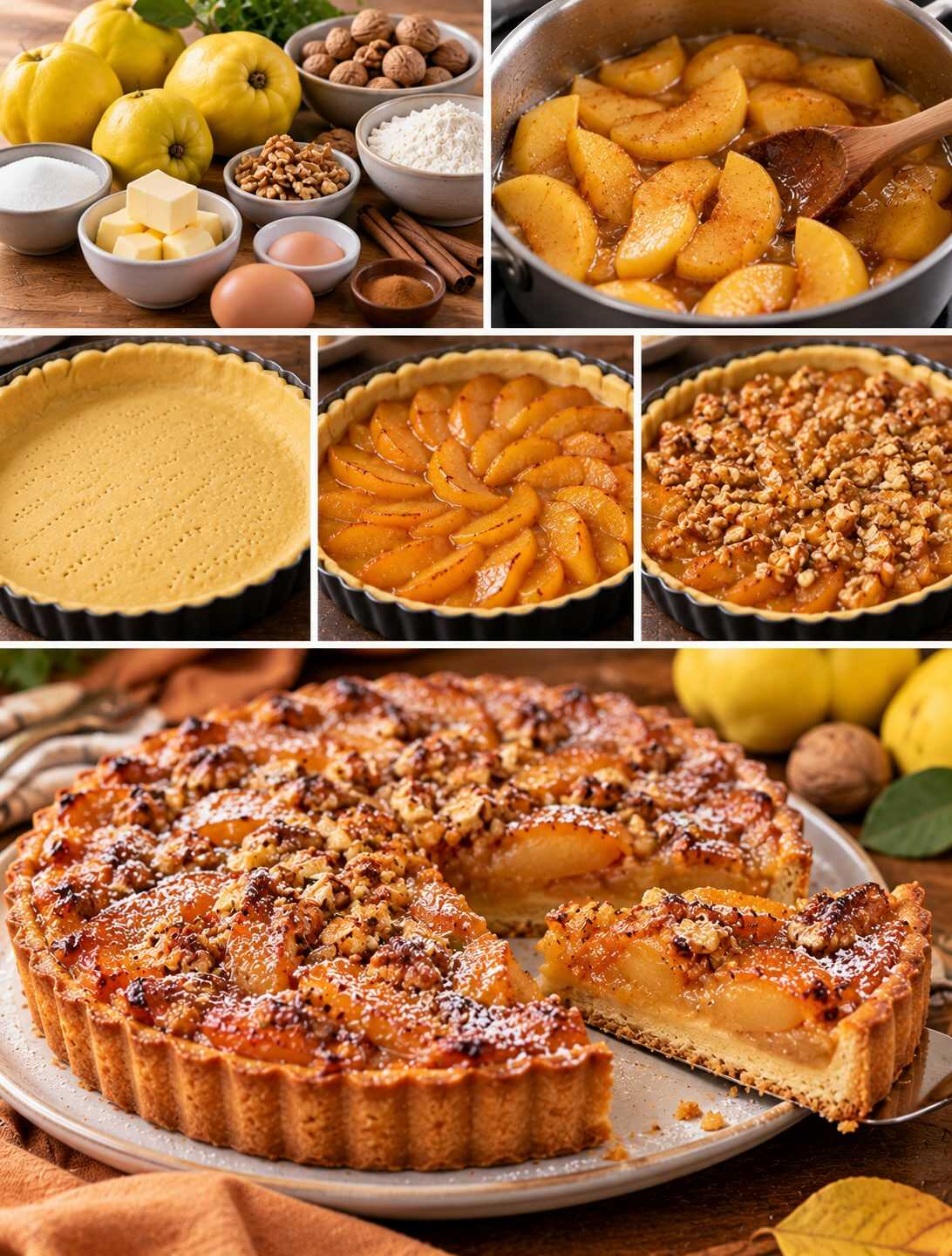 Tarta de membrillo y nueces: un postre otoñal con una base dorada, fruta aromática y un toque crujiente que recuerda a la repostería tradicional.