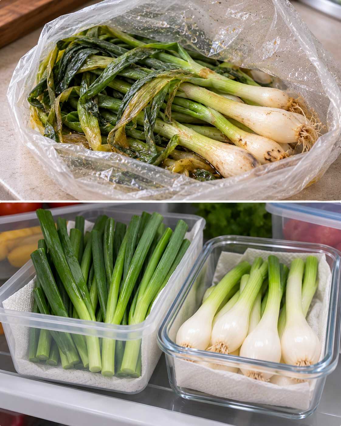 ¿Tus cebollitas de cambray se marchitan antes de utilizarlas? No guardes la parte verde exactamente igual que la blanca