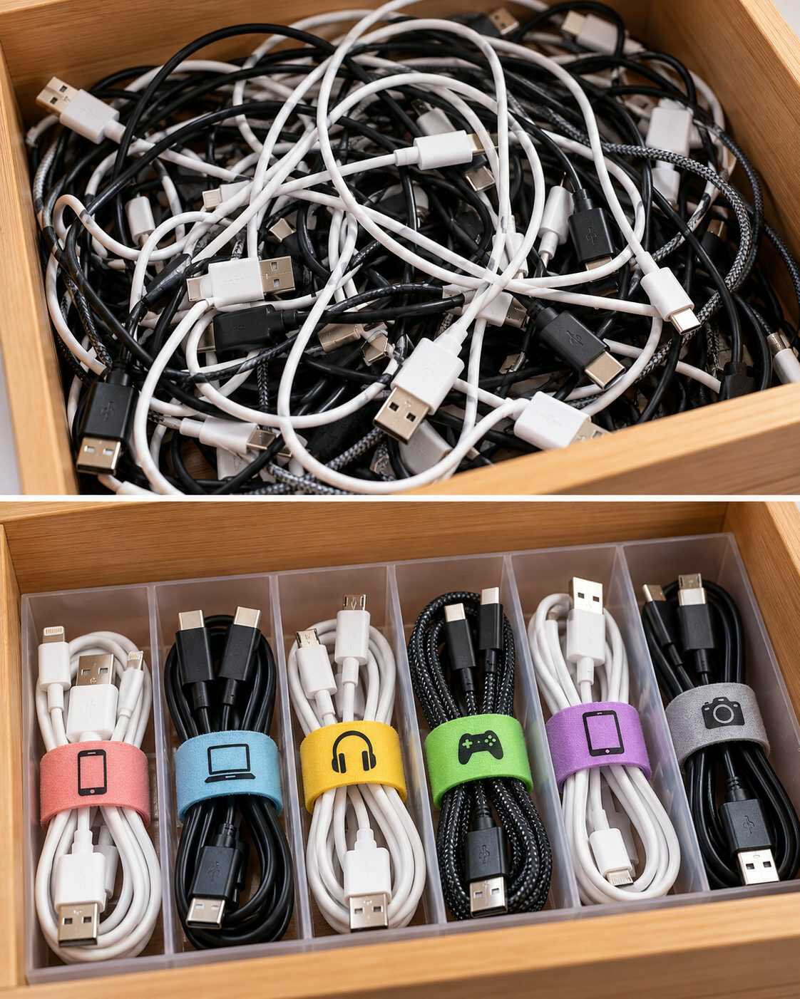 ¿Tienes demasiados cables USB que parecen iguales pero funcionan diferente? Etiquétalos según el dispositivo y su capacidad