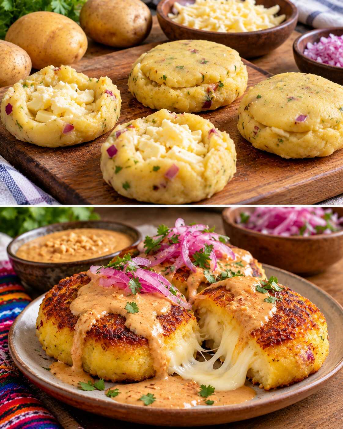 🥔 Llapingachos ecuatorianos: tortillas doradas de papa rellenas de queso y acompañadas de una salsa cremosa de maní