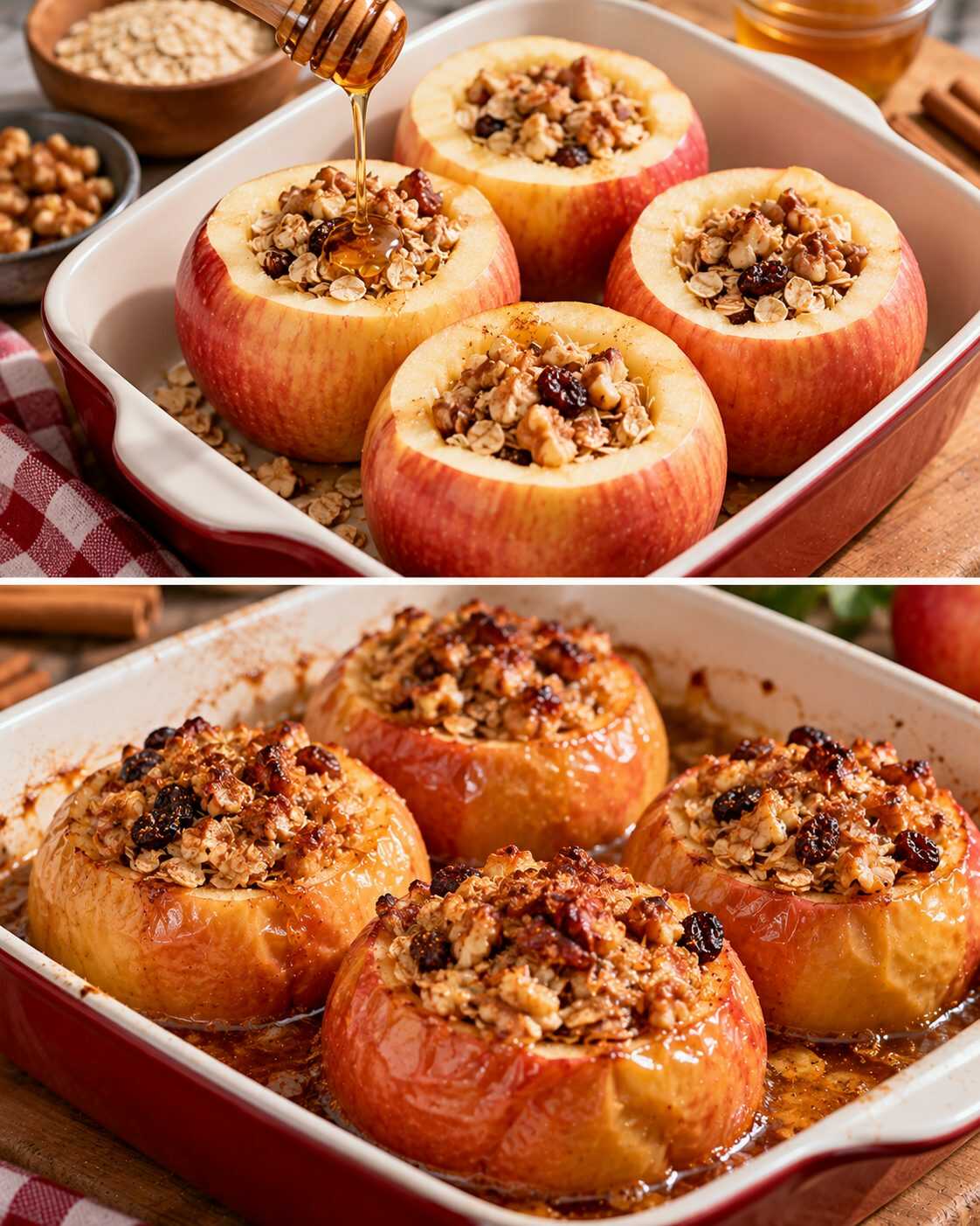 🍎 Manzanas calientes rellenas de avena, miel y nueces: un postre sencillo que llena la cocina de aroma a canela