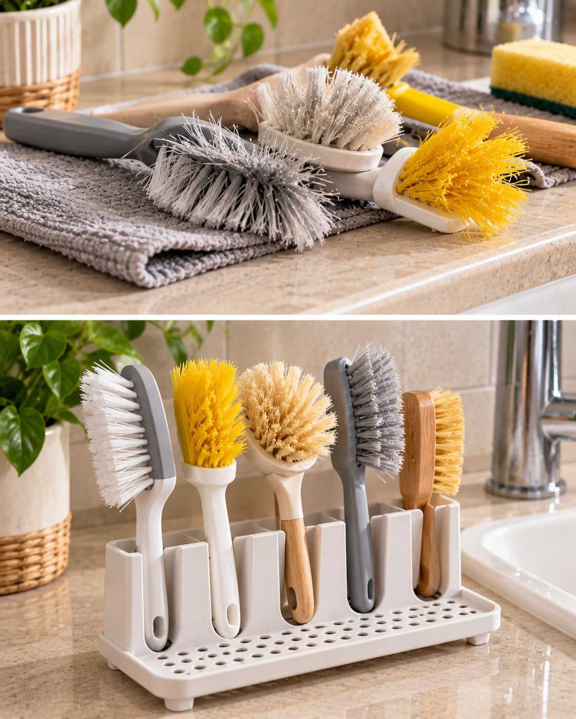 ¿Tus cepillos de limpieza tienen las cerdas dobladas después de guardarlos? Descubre cómo colocarlos para que se sequen sin perder su forma.