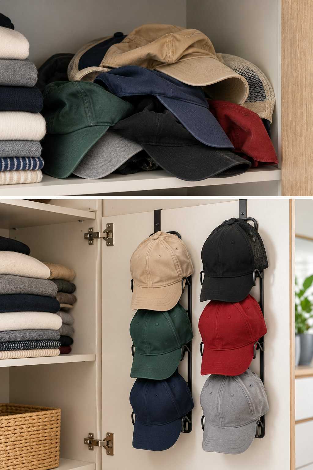 ¿Los cascos y gorras terminan aplastados dentro del armario? Usa la parte interior de una puerta para mantener su forma y liberar espacio