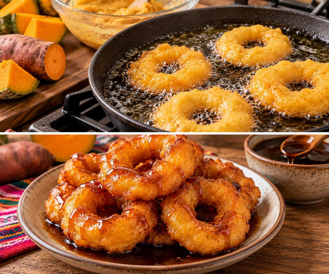 🥟 Picarones peruanos de zapallo y camote: aros dorados y esponjosos bañados en miel de chancaca