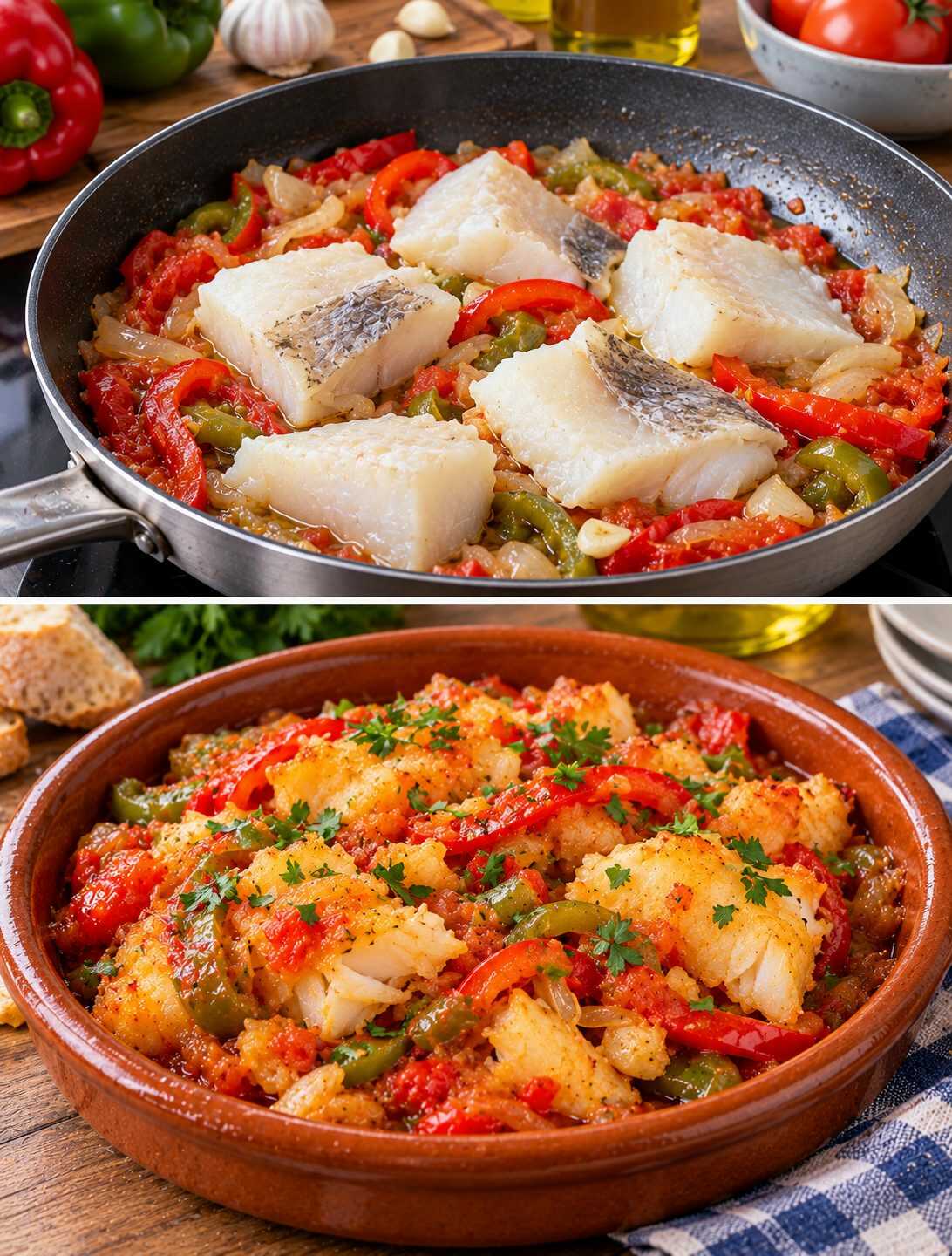 Bacalao al ajoarriero: la receta tradicional española con pimientos, tomate y un sofrito que convierte el pescado en un plato lleno de sabor.