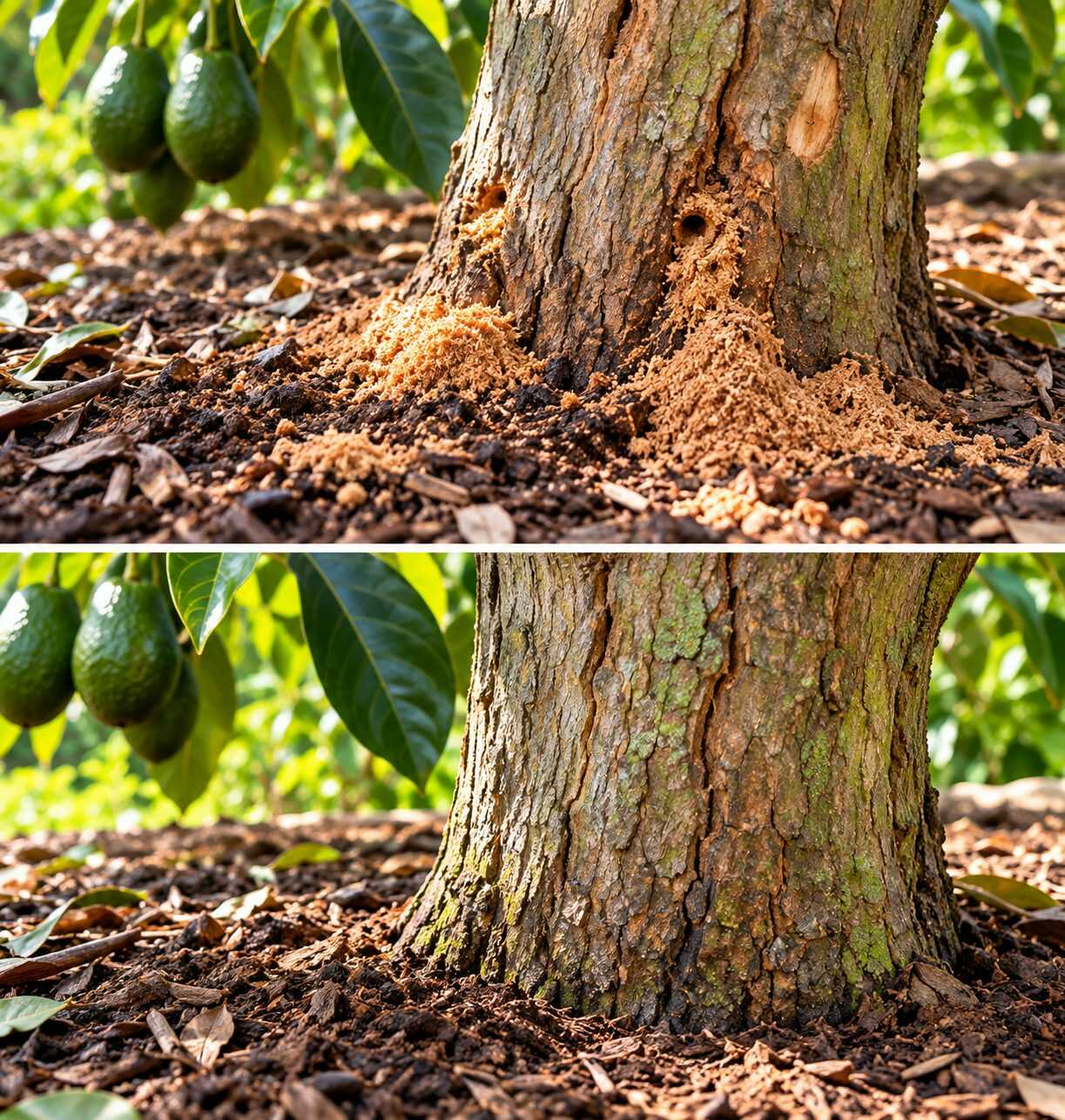 🐛 ¿Tu árbol de aguacate tiene pequeños montículos de aserrín alrededor del tronco? No los ignores: podrían indicar insectos perforadores escondidos