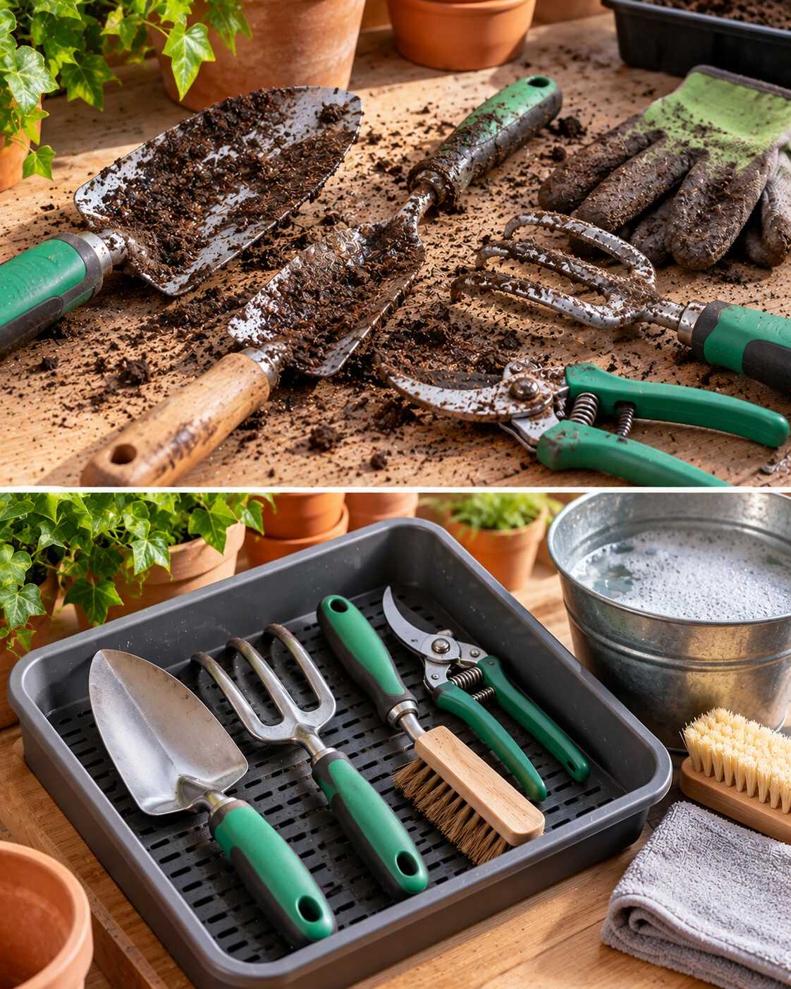 🌿 ¿Tus utensilios de jardinería terminan llenos de tierra dentro de casa? Prepara una pequeña estación para limpiarlos antes de guardarlos