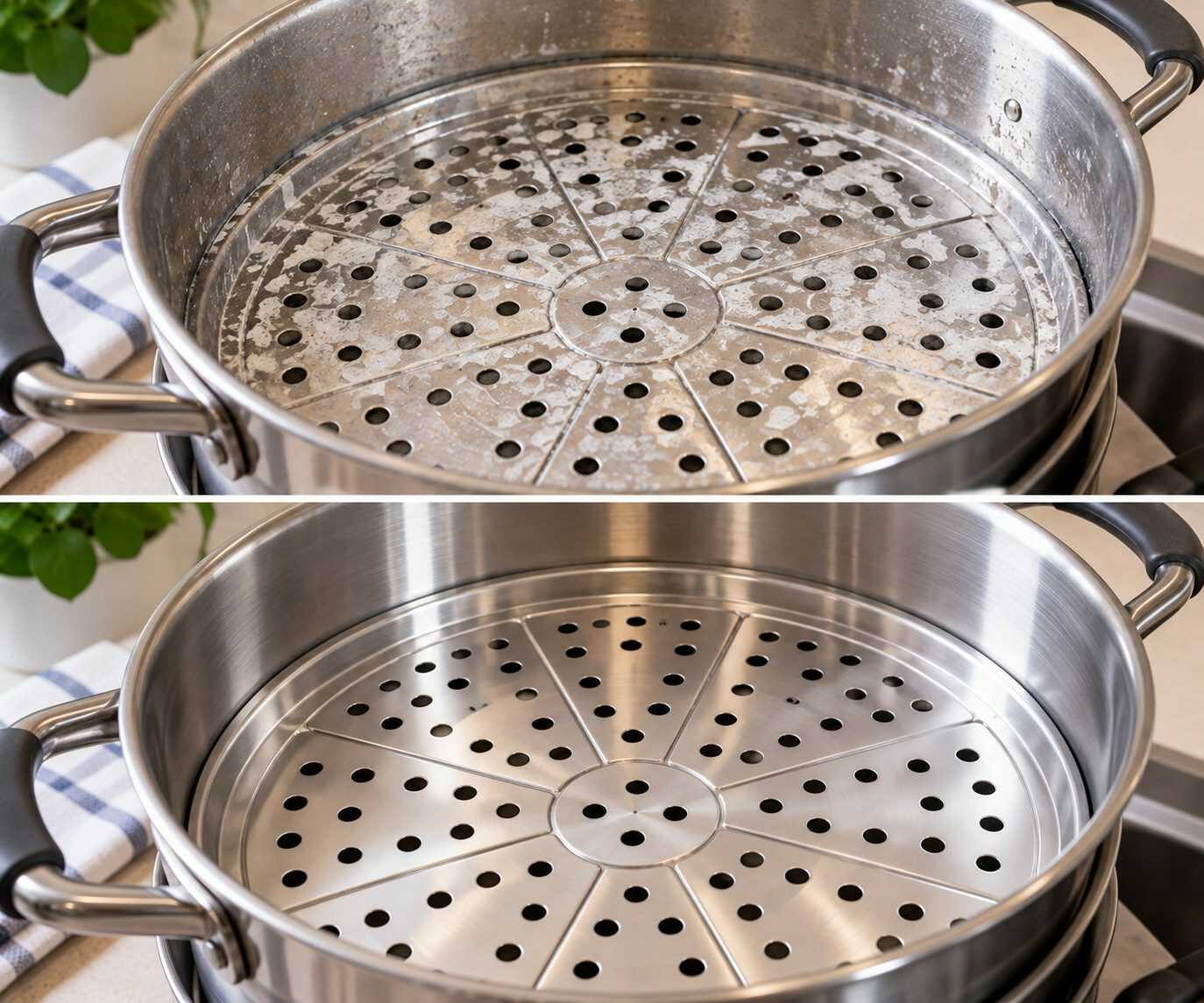 ¿Tu recipiente para cocinar al vapor tiene depósitos blancos en los orificios? La acumulación de minerales puede dificultar la salida del vapor