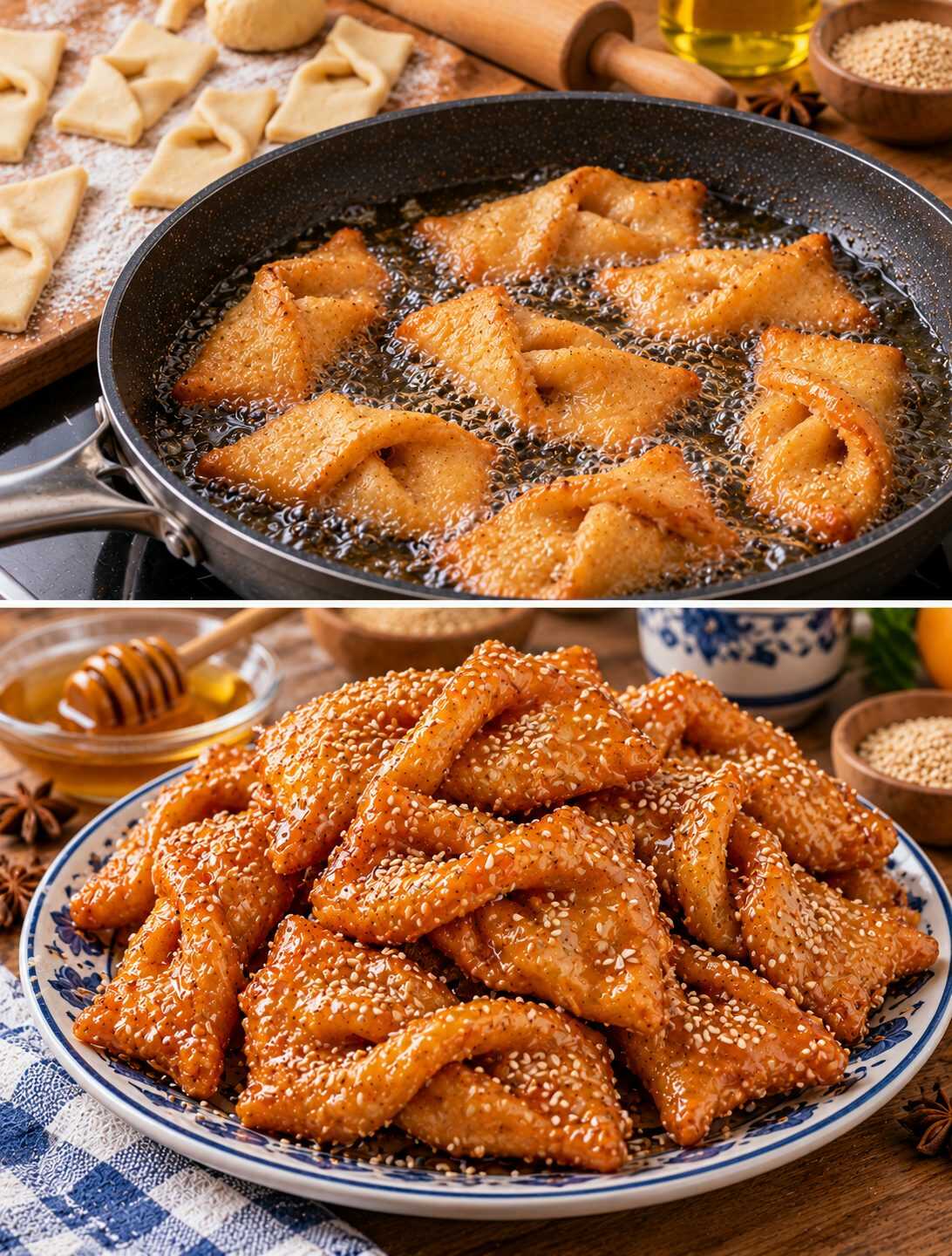 Pestiños andaluces con miel y ajonjolí: el dulce tradicional de masa crujiente y aroma a anís que recuerda a las recetas de las abuelas.