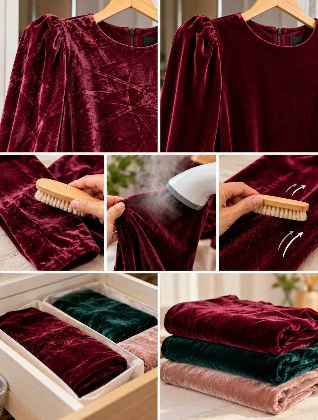 ¿Tus prendas de terciopelo tienen marcas aplastadas después de guardarlas dobladas? Descubre cómo levantar suavemente el pelo del tejido sin quemarlo con la plancha.