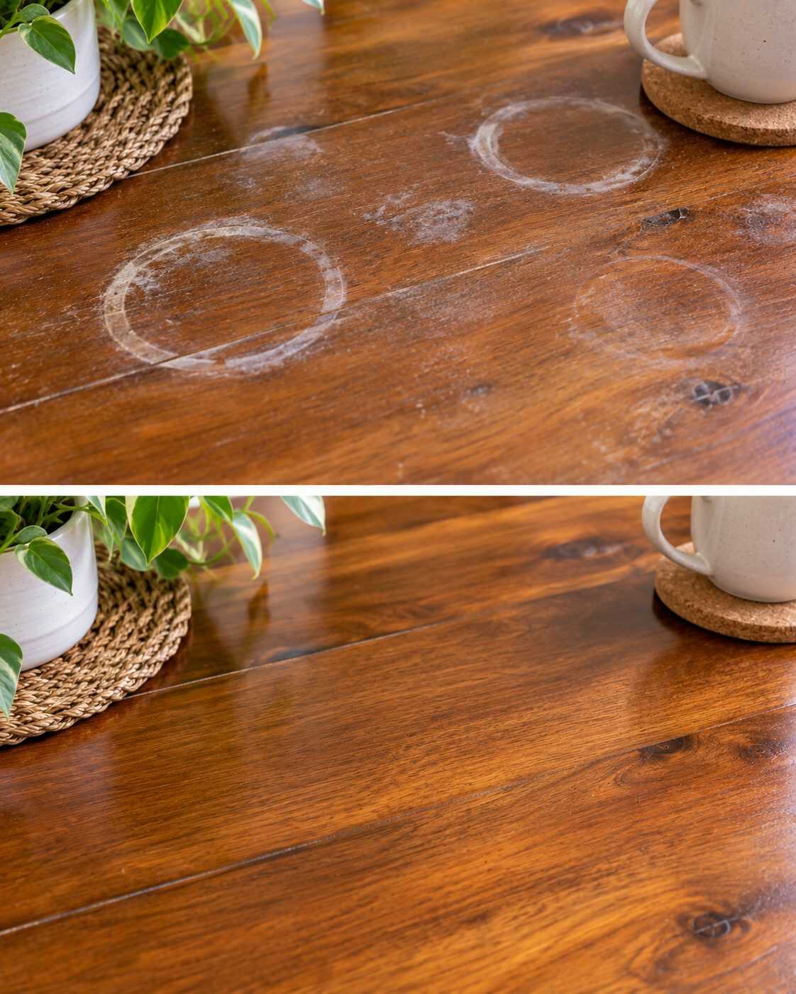 ¿Una mesa de madera tiene círculos blancos dejados por vasos calientes? No la lijes antes de probar este tratamiento suave