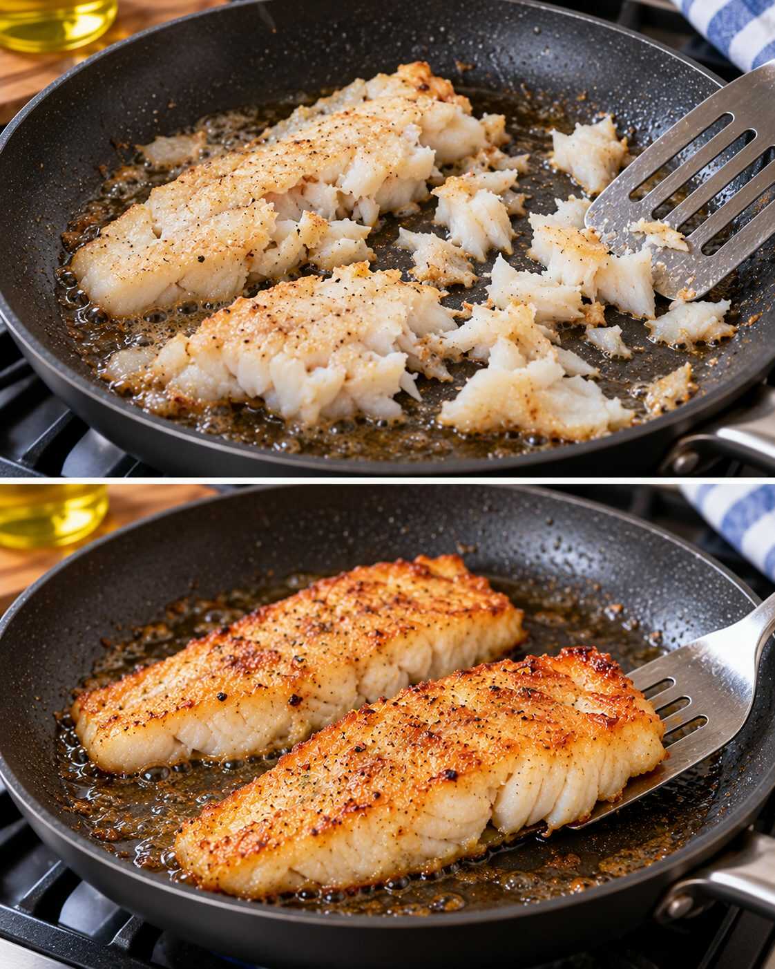 ¿El pescado se rompe en pequeños trozos cuando intentas voltearlo? El momento de moverlo puede ser más importante que la cantidad de aceite