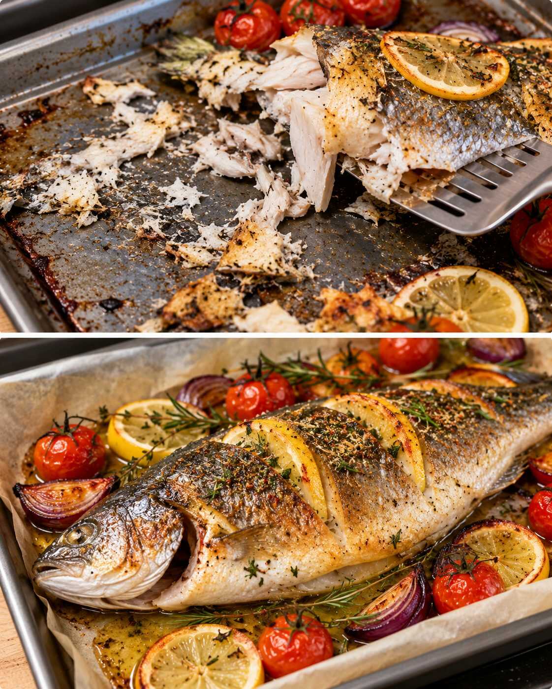 ¿El pescado al horno se pega a la bandeja y se rompe al servirlo? Aprende a preparar la base de cocción para conseguir una piel más entera y una carne jugosa
