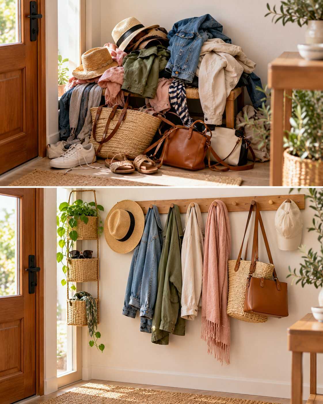 🍂 ¿Las chaquetas ligeras, sombreros y bolsos terminan amontonados al entrar? Una estación de temporada puede liberar la entrada sin añadir muebles