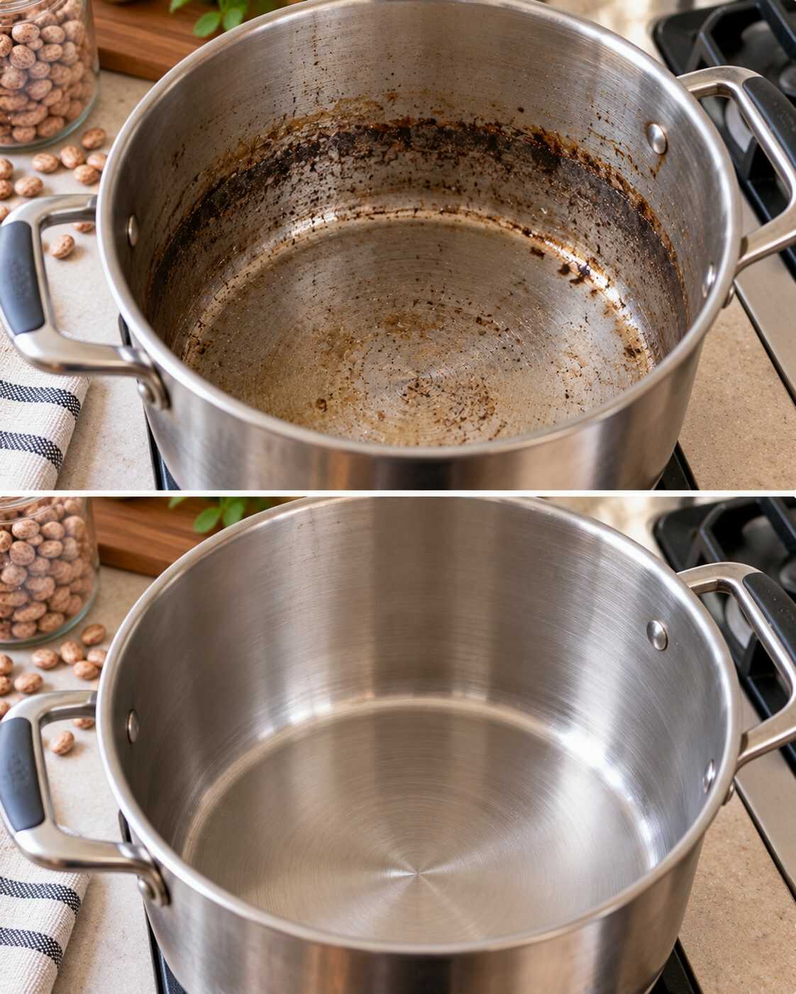 ¿La olla donde cocinas frijoles queda con una línea oscura difícil de quitar? Frotar más fuerte puede dañar la superficie