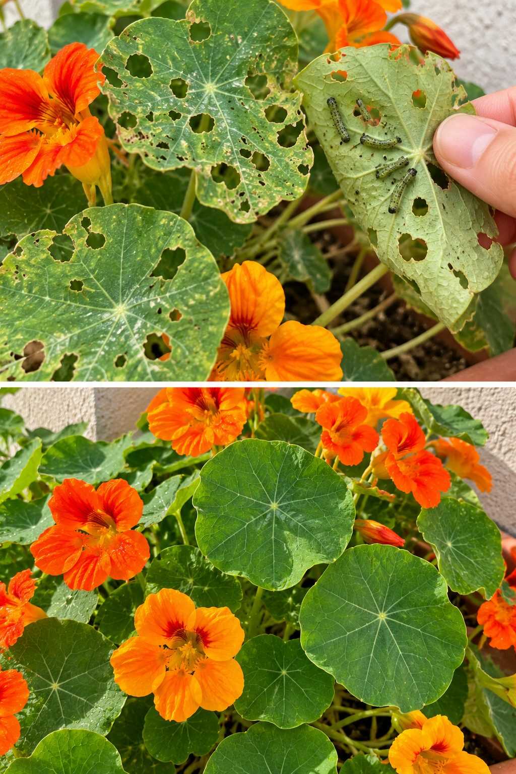 🐛 ¿Tus capuchinas tienen hojas llenas de pequeños agujeros? Mira debajo antes de aplicar nada: puedes encontrar al responsable escondido allí