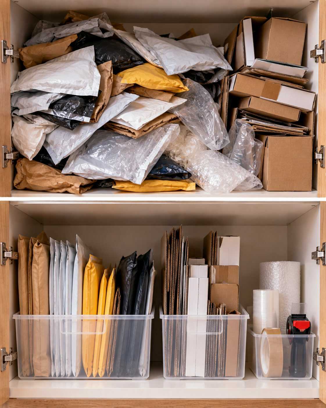 ¿Tienes una montaña de bolsas y cajas de envío “por si acaso”? Ponles un límite y conserva solo los tamaños que realmente reutilizas