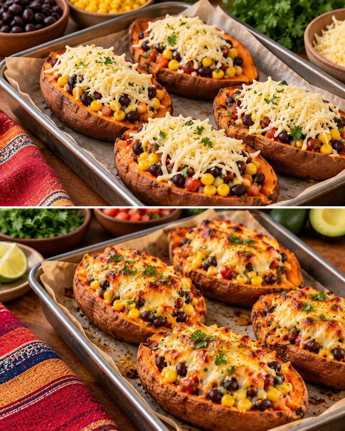 🍠 Camotes asados rellenos de frijoles, maíz y queso: una cena caliente, económica y perfecta para las noches frescas
