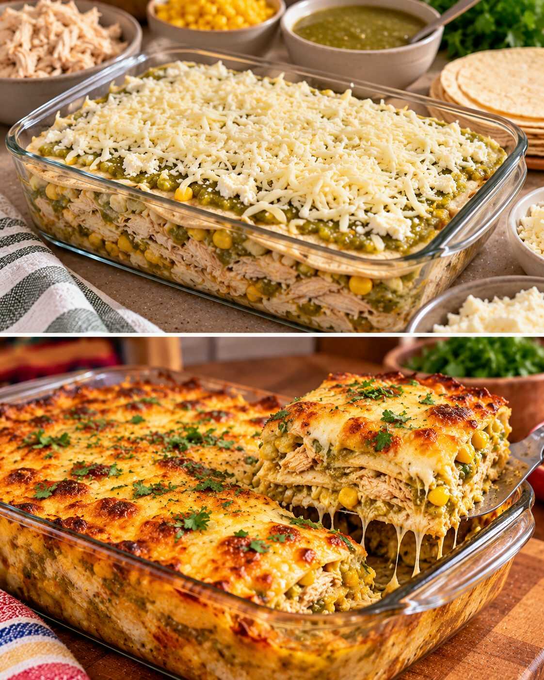 🥘 Pastel azteca de pollo, maíz y salsa verde: capas jugosas, queso gratinado y tortillas en una receta para compartir